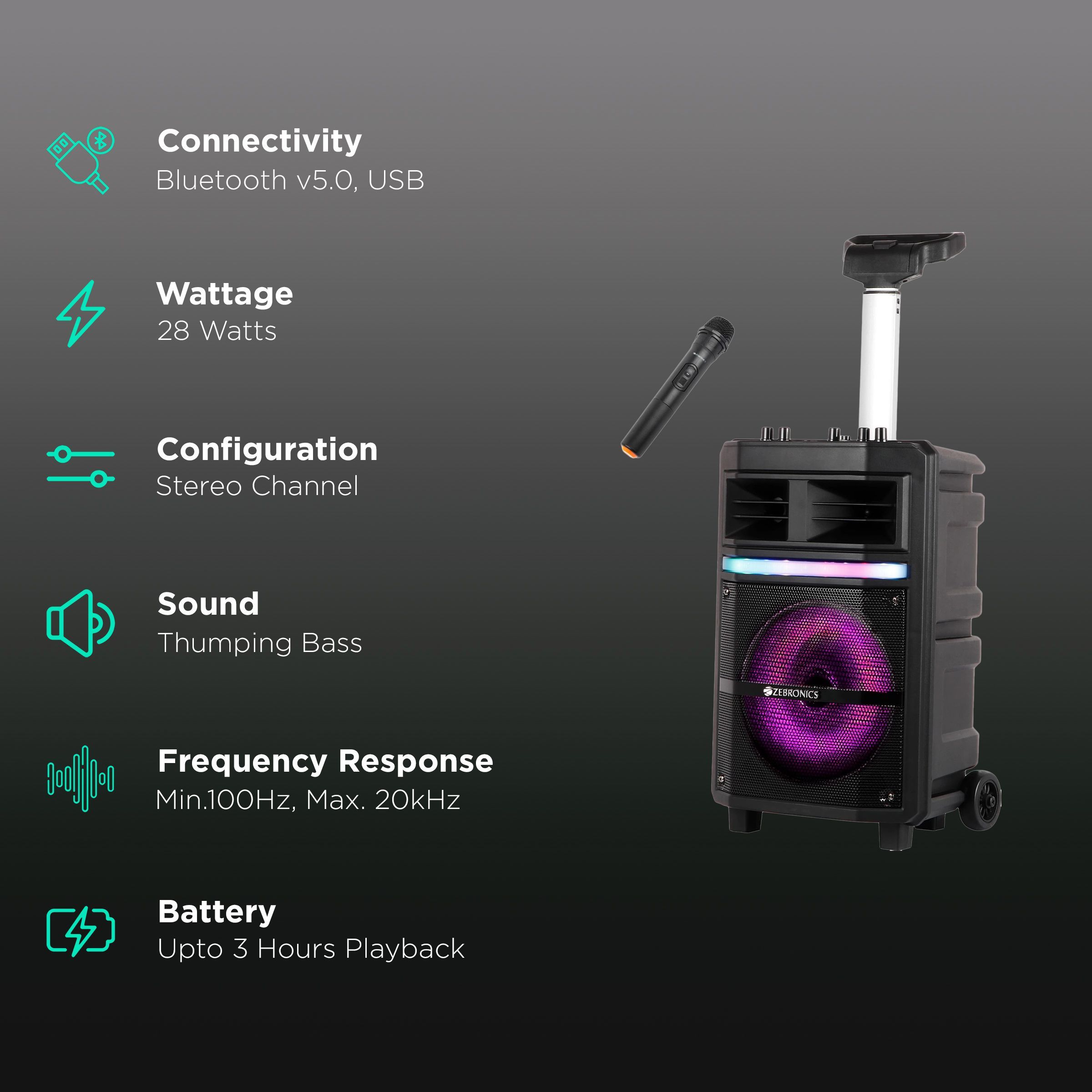 ZEBRONICS Zeb-Thump 200 28W Bluetooth Party Speaker with Mic (Thumping Bass, Stereo Channel, Black)_2