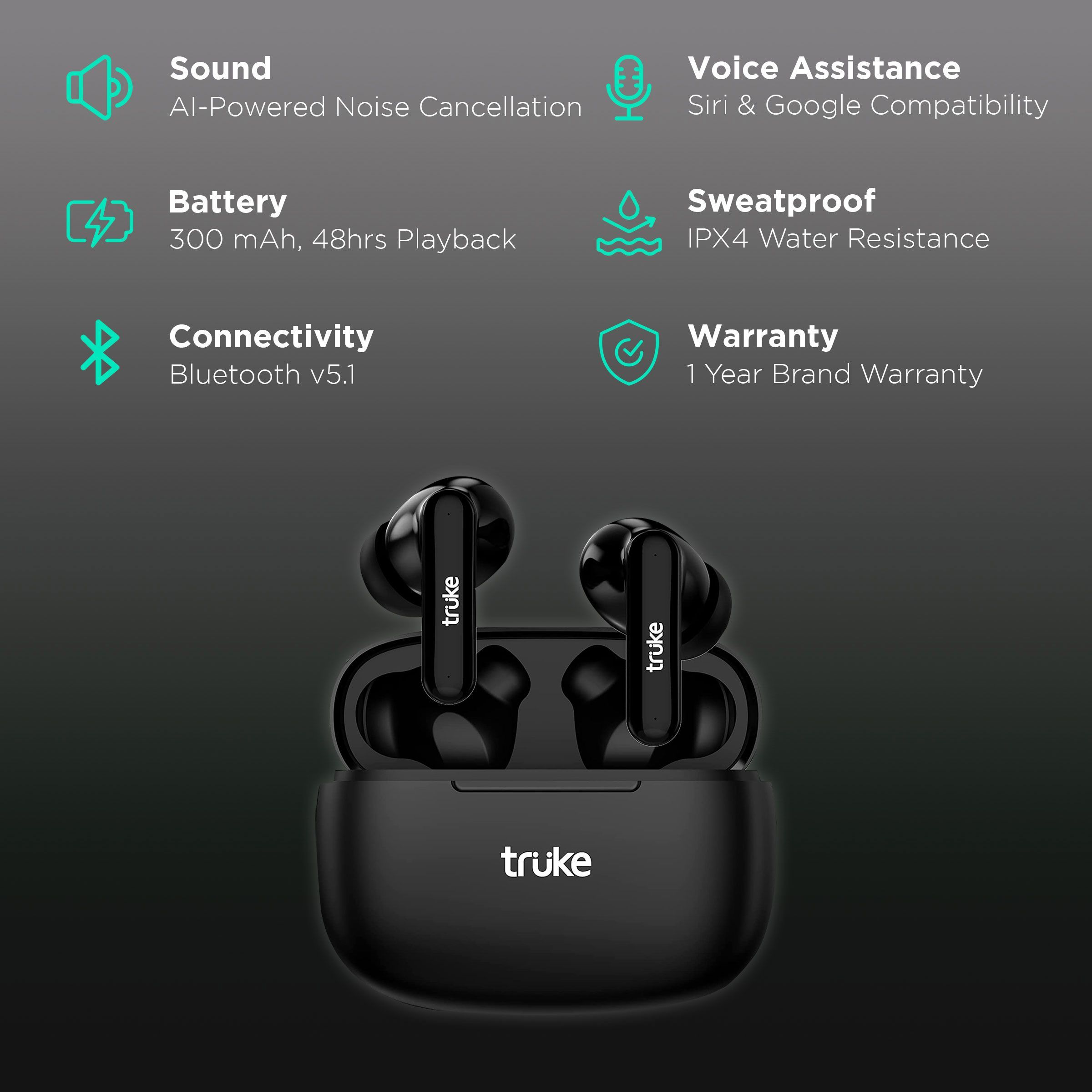 truke Air Buds Lite E1 TWS Earbuds with Enviornomental Noise Cancellation (IPX4 Waterproof, 48 Hours Playback, Black)_2