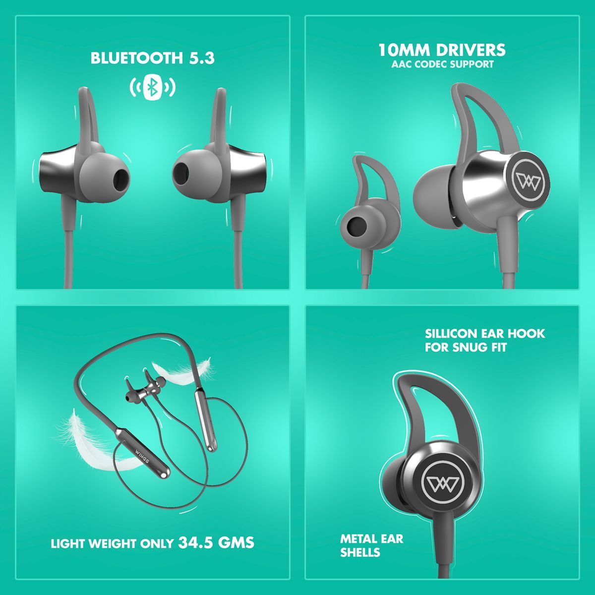 WINGS Phantom 205 Neckband with Environmental Noise Cancellation (IPX5 Sweat & Water Resistant, Dedicated Gaming Mode, Grey)_4