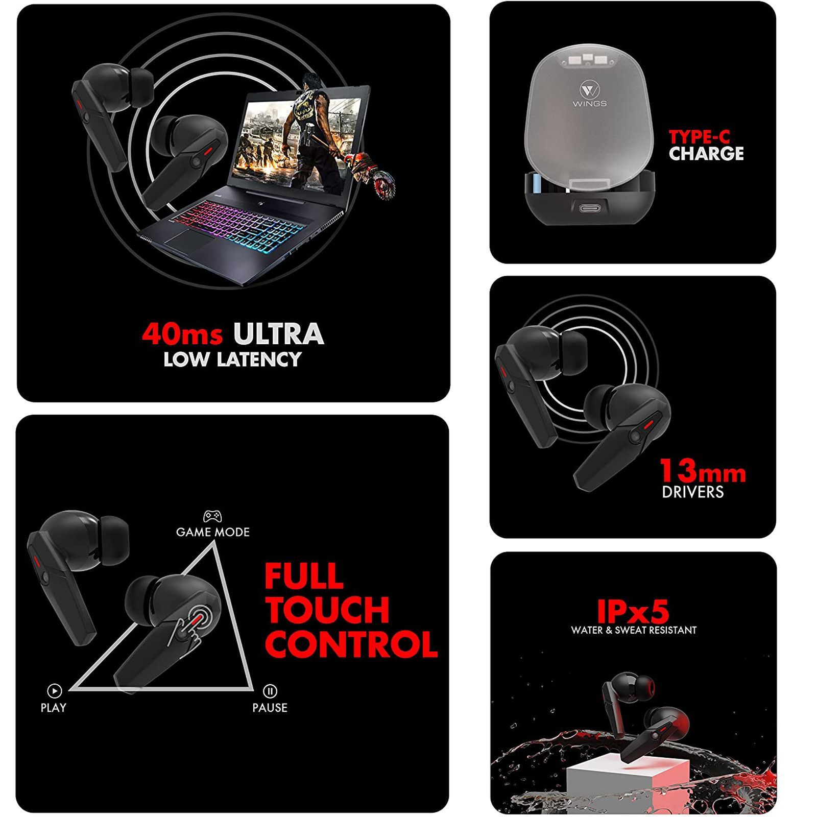 WINGS Phantom 105 TWS Earbuds with Environmental Noise Cancellation (IPX5 Water Resistant, 60 Hours Playtime, Black)_14