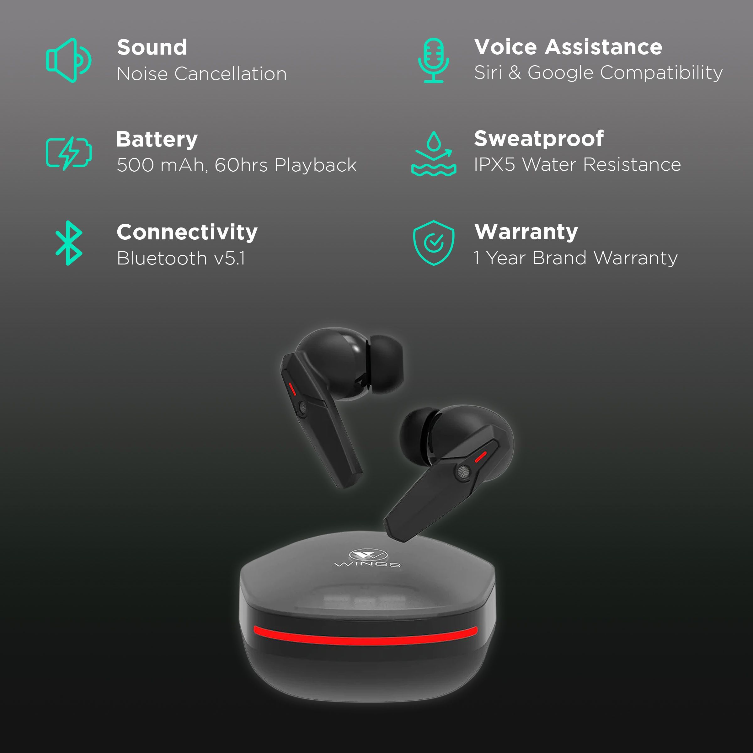 WINGS Phantom 105 TWS Earbuds with Environmental Noise Cancellation (IPX5 Water Resistant, 60 Hours Playtime, Black)_2