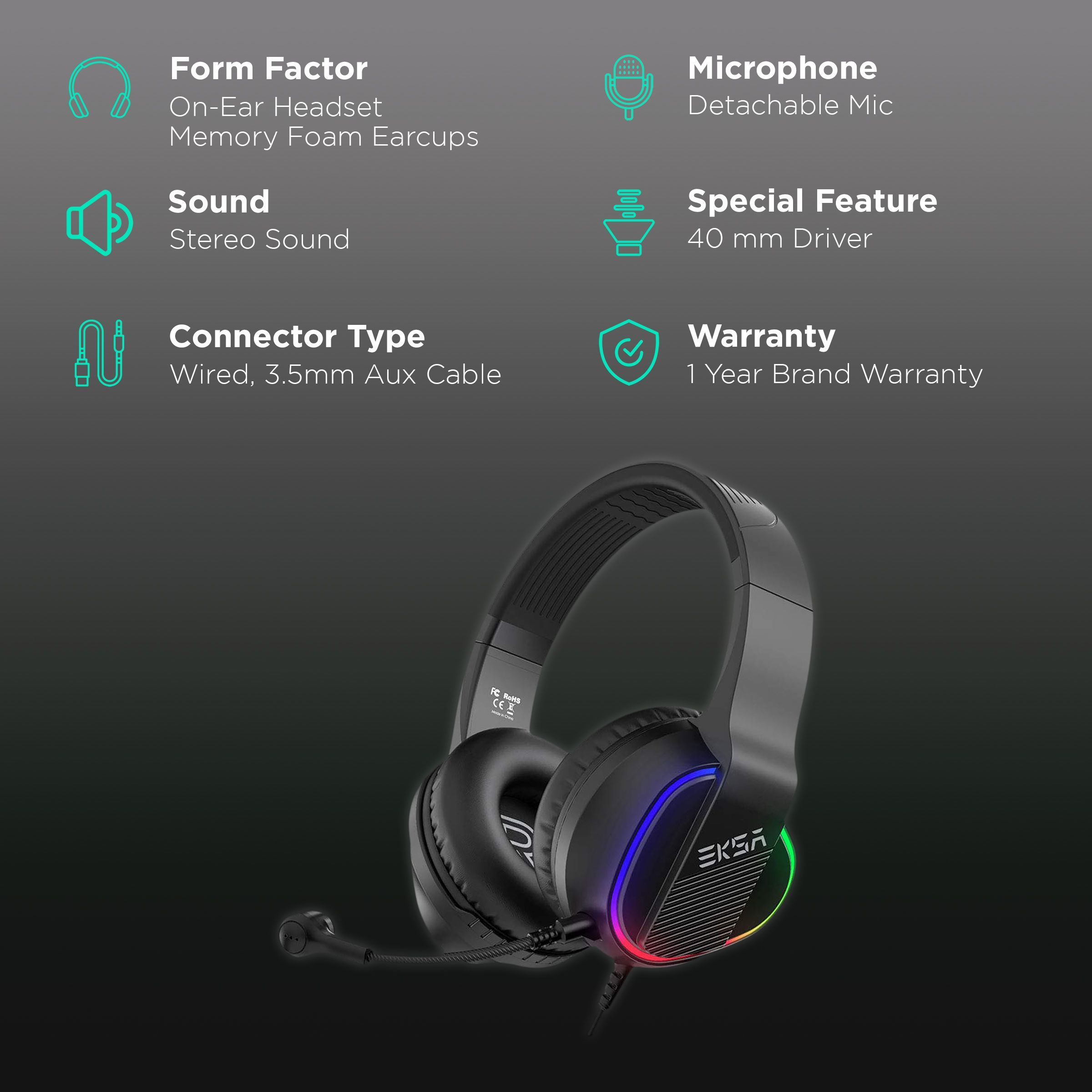 EKSA E400 Wired Gaming Headset (3D Stereo Sound, On Ear, Black)_2