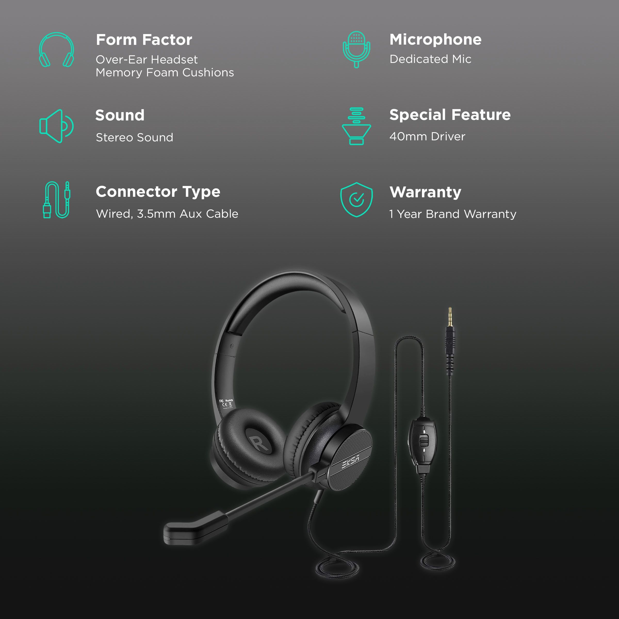 EKSA H12 Wired Gaming Headset (Stereo Sound, Over Ear, Black)_2