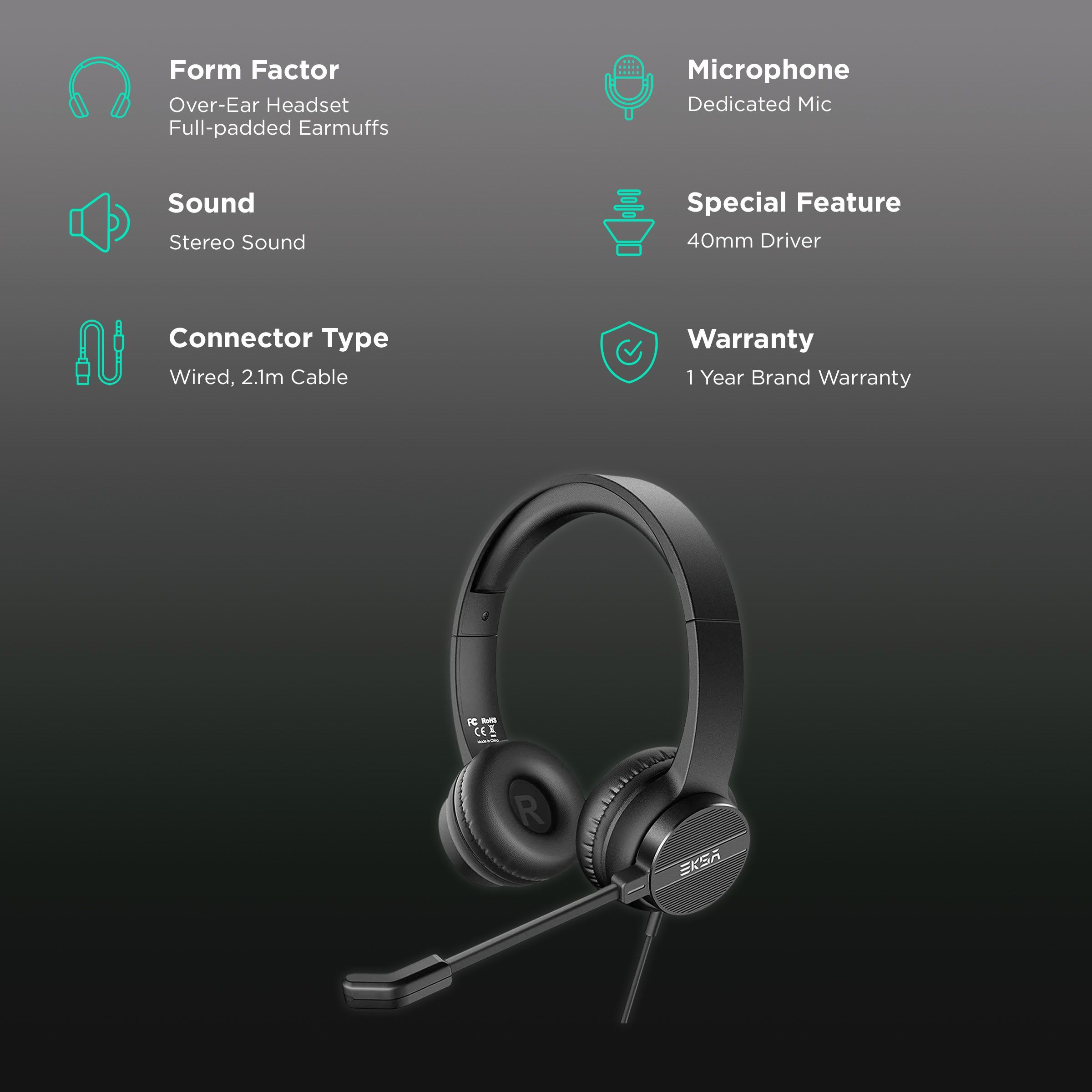 EKSA H12E Wired Headset with Mic (Over Ear, Black)_2