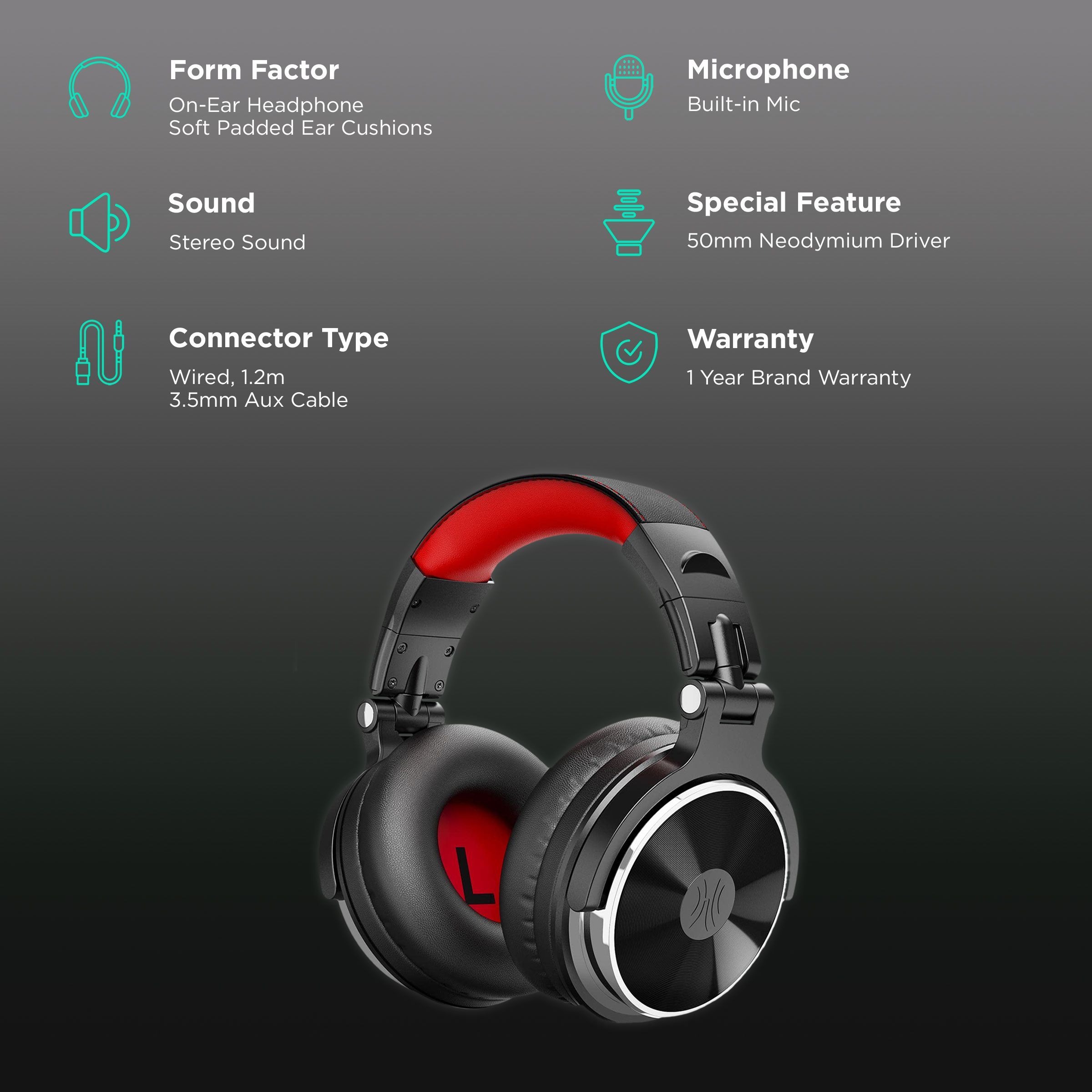 OneOdio Pro 10 PRO10WDBR Wired Headphone with Mic (On Ear, Black & Red)_2