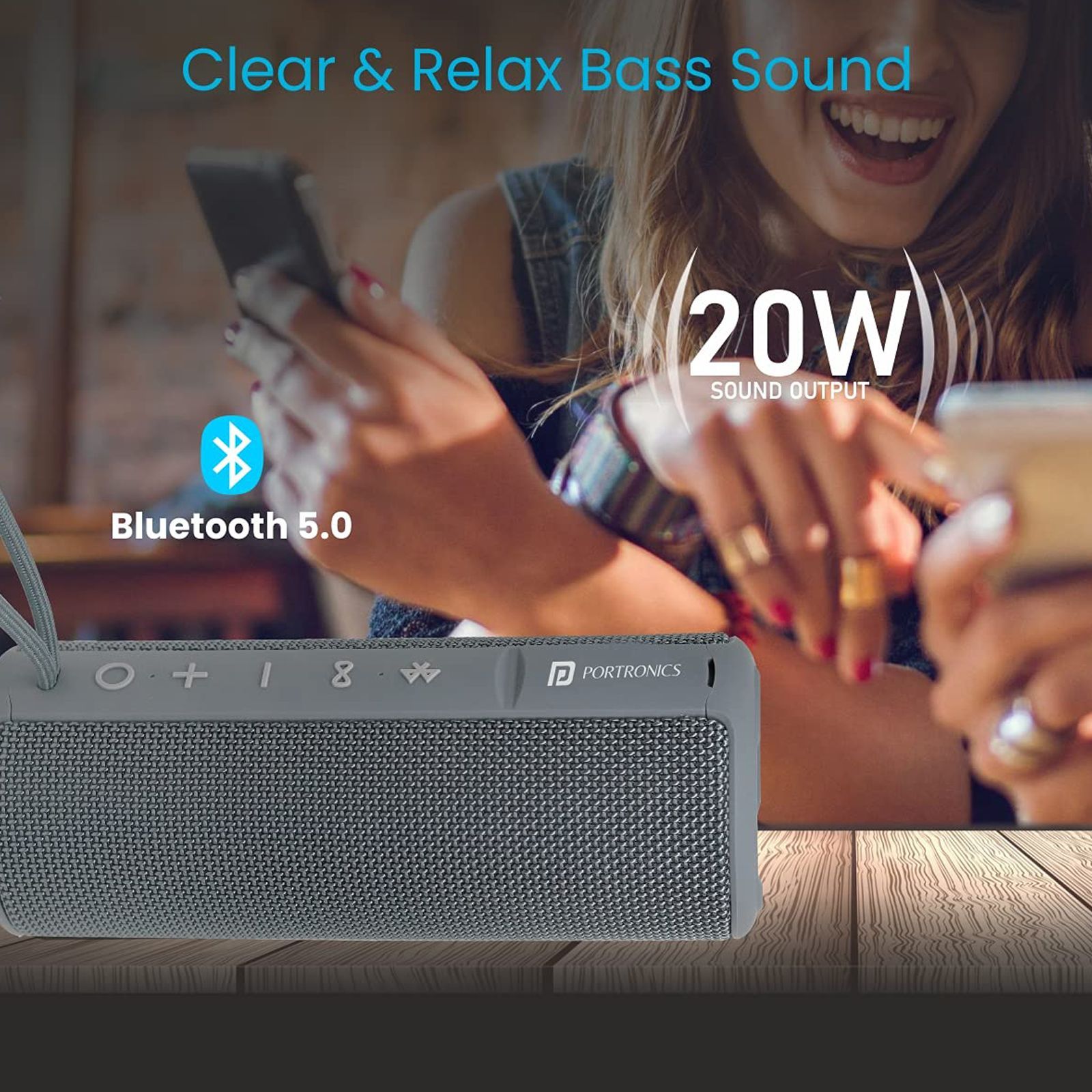 PORTRONICS Breeze Plus 20W Portable Bluetooth Speaker (IPX6 Water Resistant, Surround Sound, Stereo Channel, Grey)_5