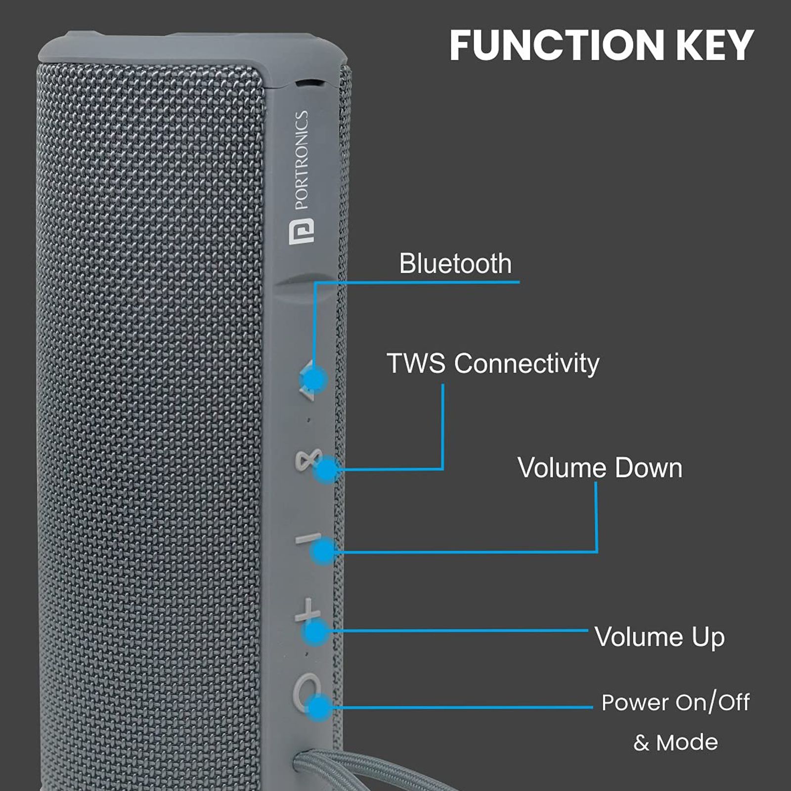 PORTRONICS Breeze Plus 20W Portable Bluetooth Speaker (IPX6 Water Resistant, Surround Sound, Stereo Channel, Grey)_6