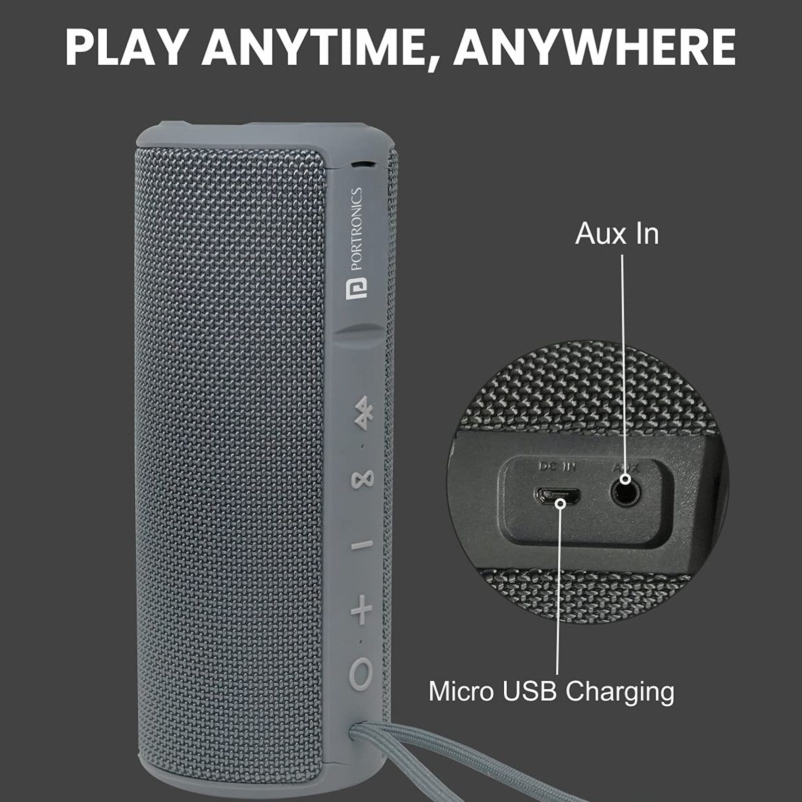 PORTRONICS Breeze Plus 20W Portable Bluetooth Speaker (IPX6 Water Resistant, Surround Sound, Stereo Channel, Grey)_7