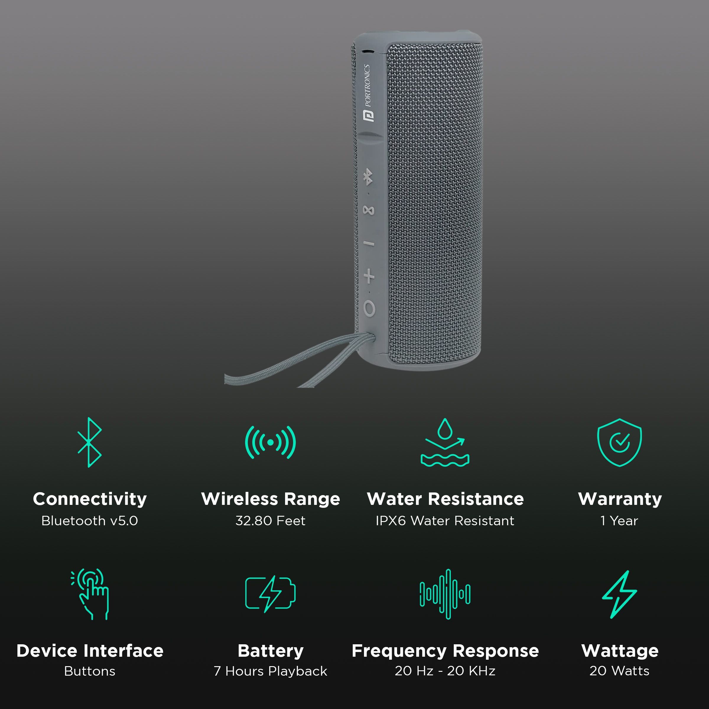 PORTRONICS Breeze Plus 20W Portable Bluetooth Speaker (IPX6 Water Resistant, Surround Sound, Stereo Channel, Grey)_2
