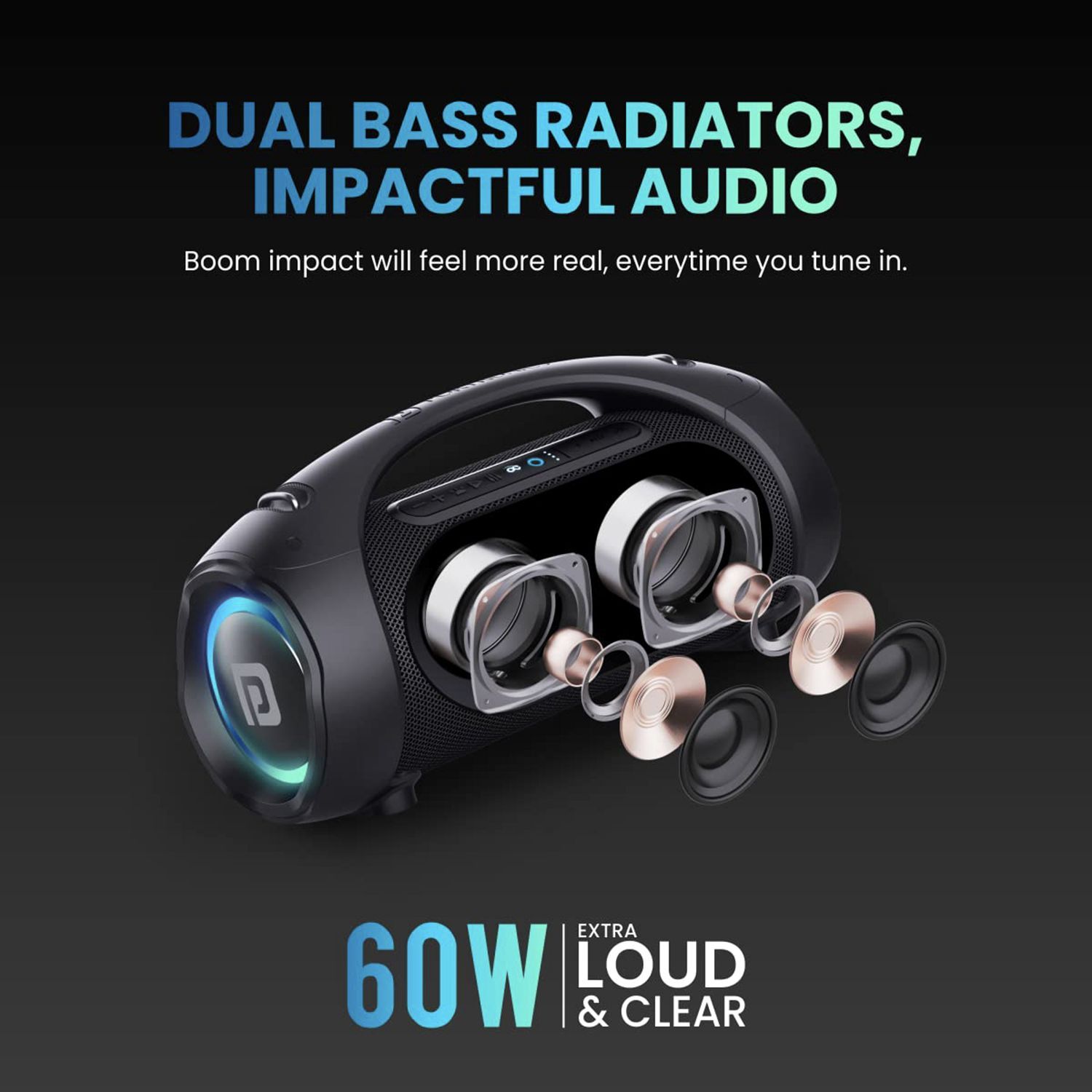 PORTRONICS Dash 12 60 Watts Portable Bluetooth Speaker (Dual Bass Radiators, POR-1583, Black)_6