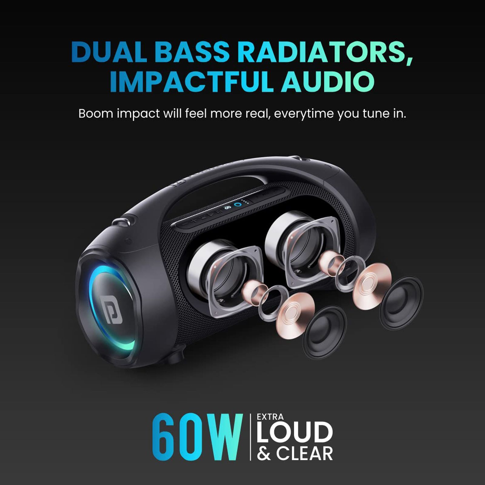 PORTRONICS Dash 12 60 Watts Portable Bluetooth Speaker (Dual Bass Radiators, POR-1583, Black)_8