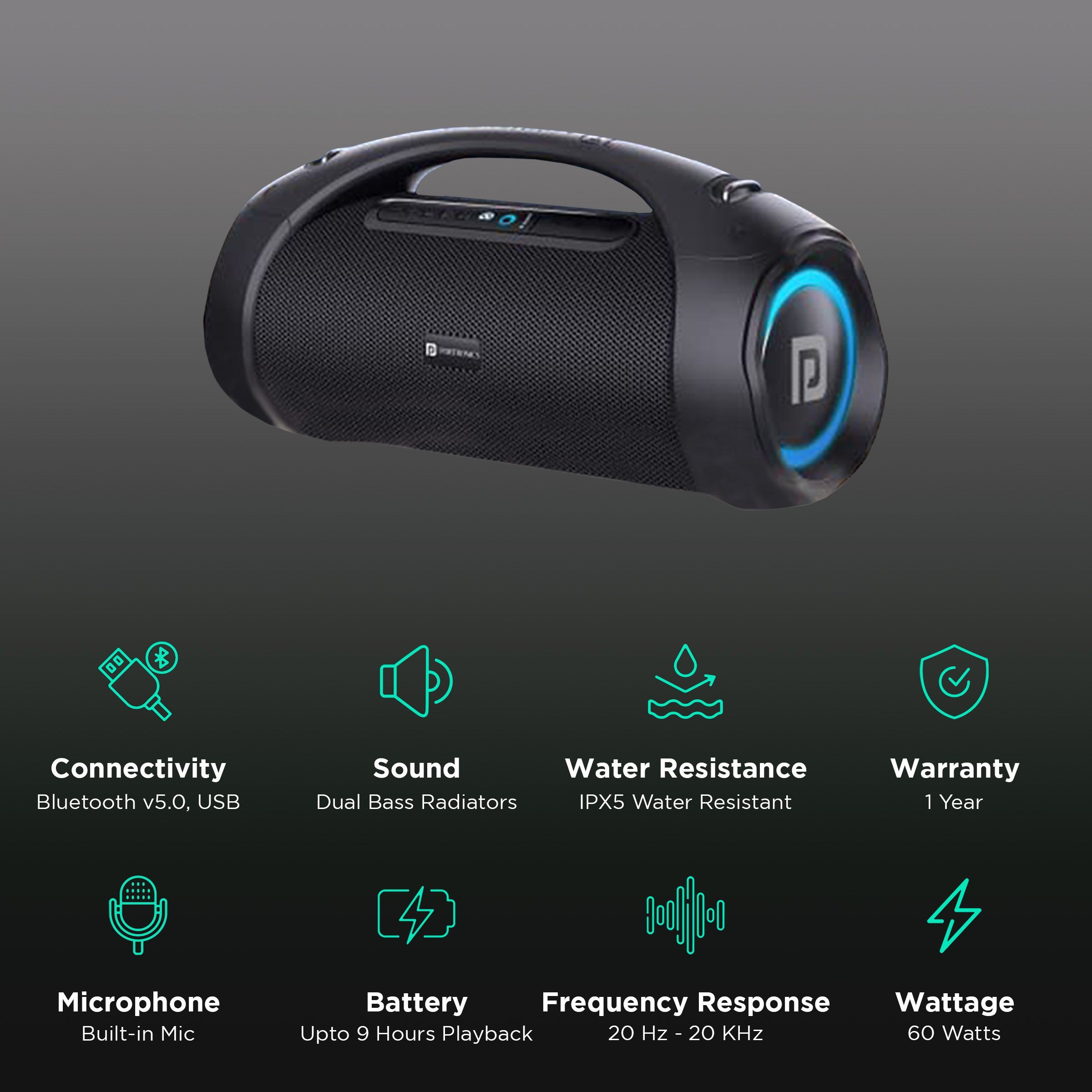 PORTRONICS Dash 12 60 Watts Portable Bluetooth Speaker (Dual Bass Radiators, POR-1583, Black)_2