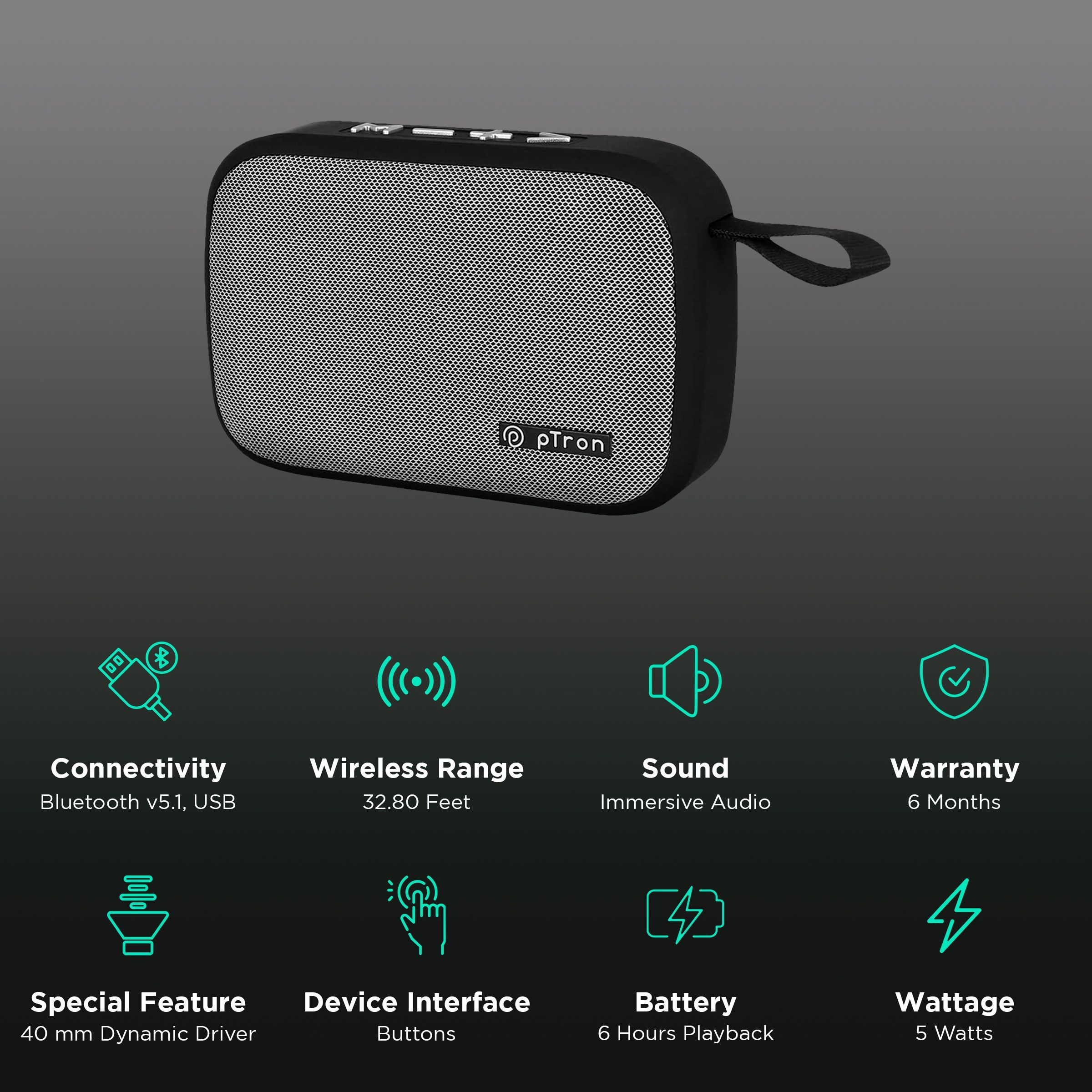 pTron Sonor Evo 5 Watt Portable Bluetooth Speaker (Integrated Music, Call Control, Black)_2