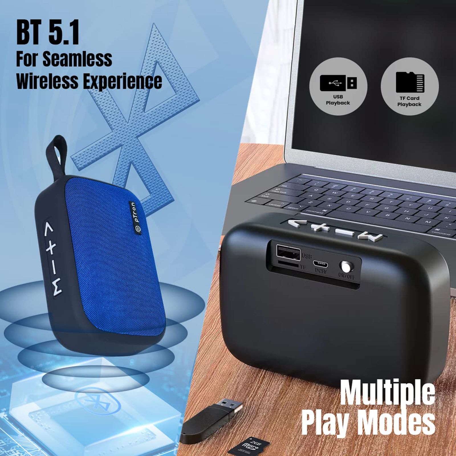 pTron Sonor Evo 5 Watt Portable Bluetooth Speaker (Integrated Music, Call Control, Blue)_8