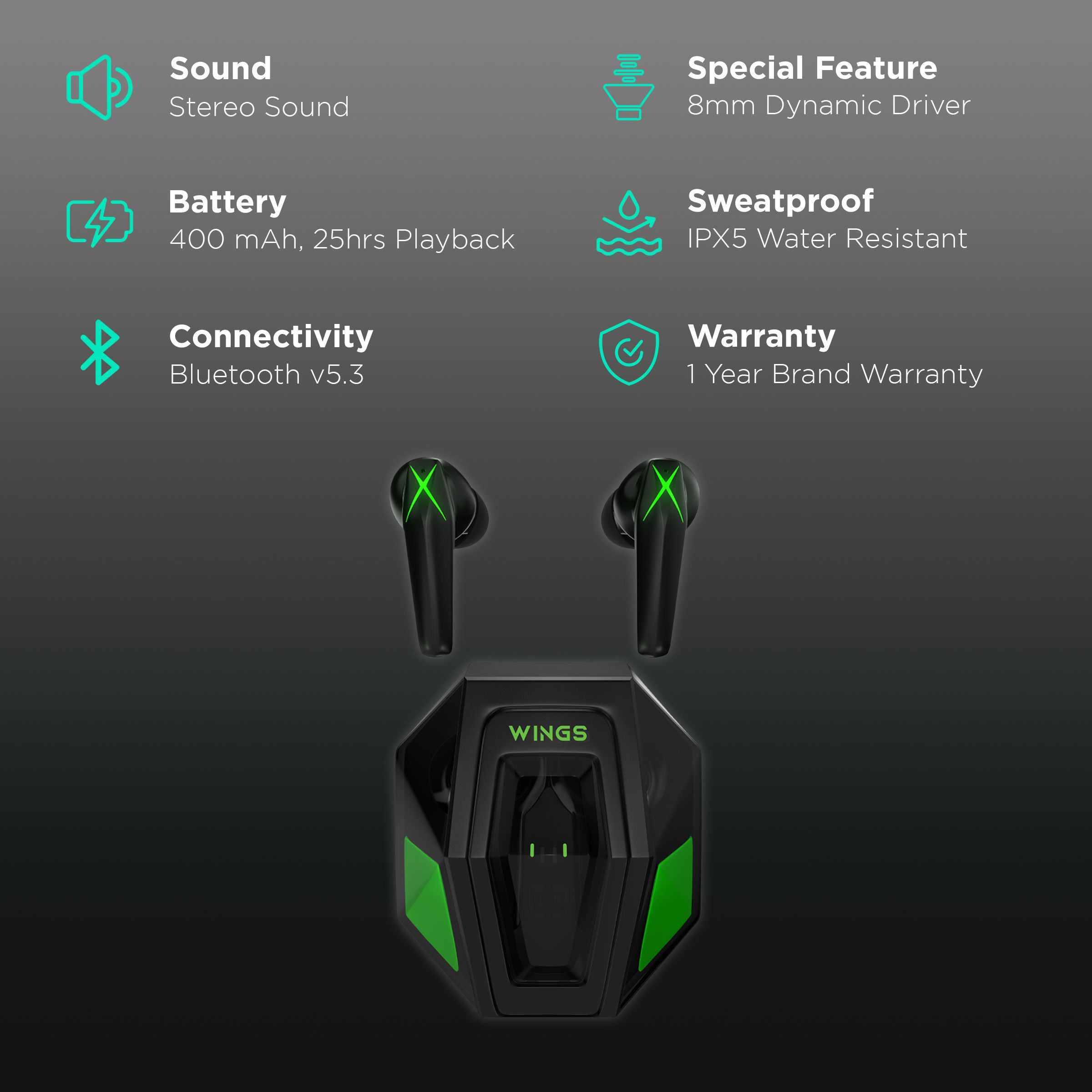 WINGS X-Fire TWS Earbuds with Environmental Noise Cancellation (IPX5 Water & Sweat Resistant, Dedicated Game Mode, Black)_2