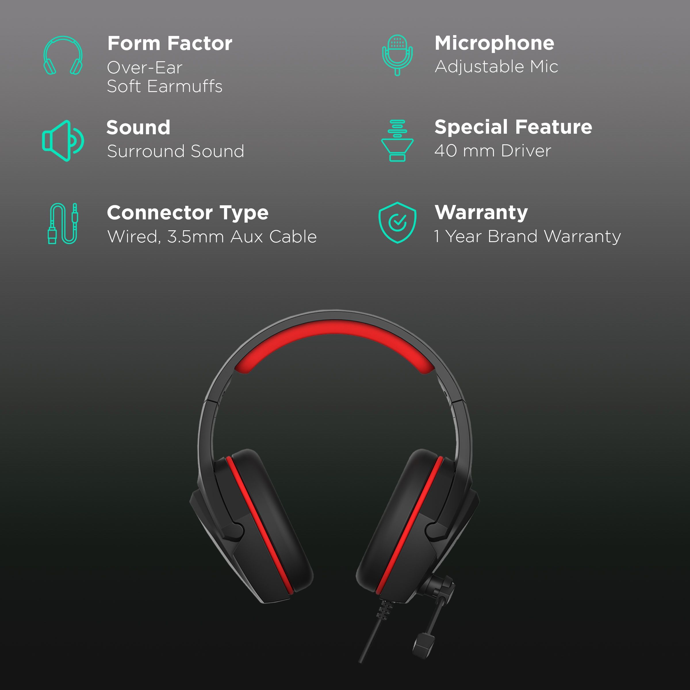 WINGS Vader 100 Wired Gaming Headset with Noise Isolation (3D Surround Sound, On Ear, Black & Red)_2