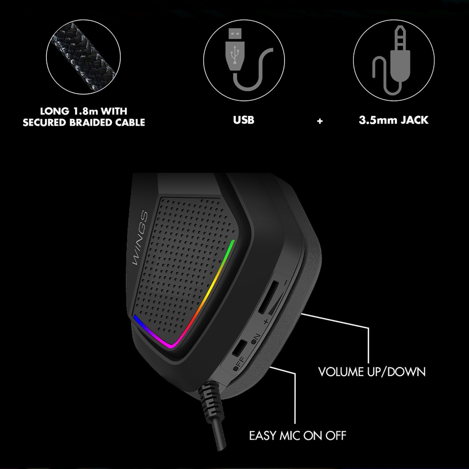 WINGS Vader 200 Wired Gaming Headset with Noise Isolation (3D Surround Sound, On Ear, Black)_9