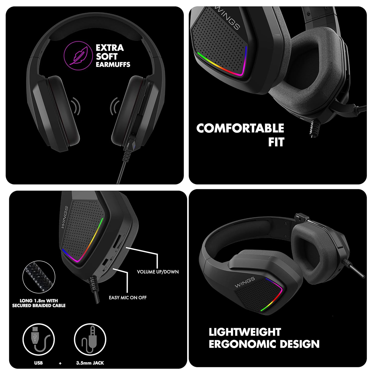 WINGS Vader 200 Wired Gaming Headset with Noise Isolation (3D Surround Sound, On Ear, Black)_4