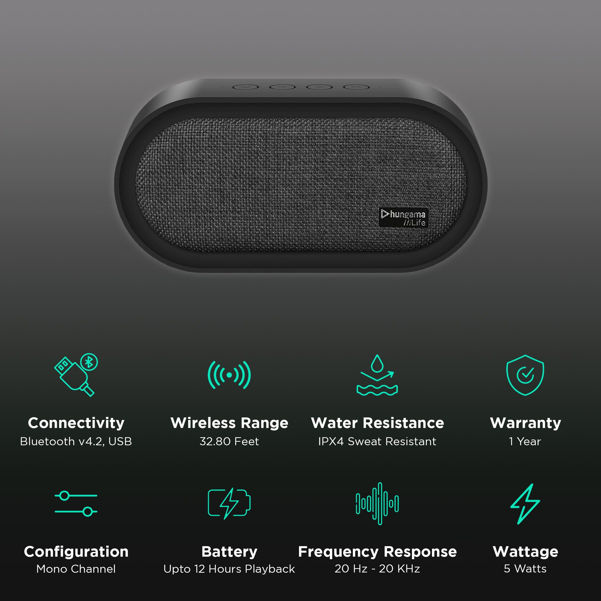 Hungama HiLife Groove 101 5W Portable Bluetooth Speaker (IPX4 Sweat Resistant, 12 Hours Playback Time, Black)_2
