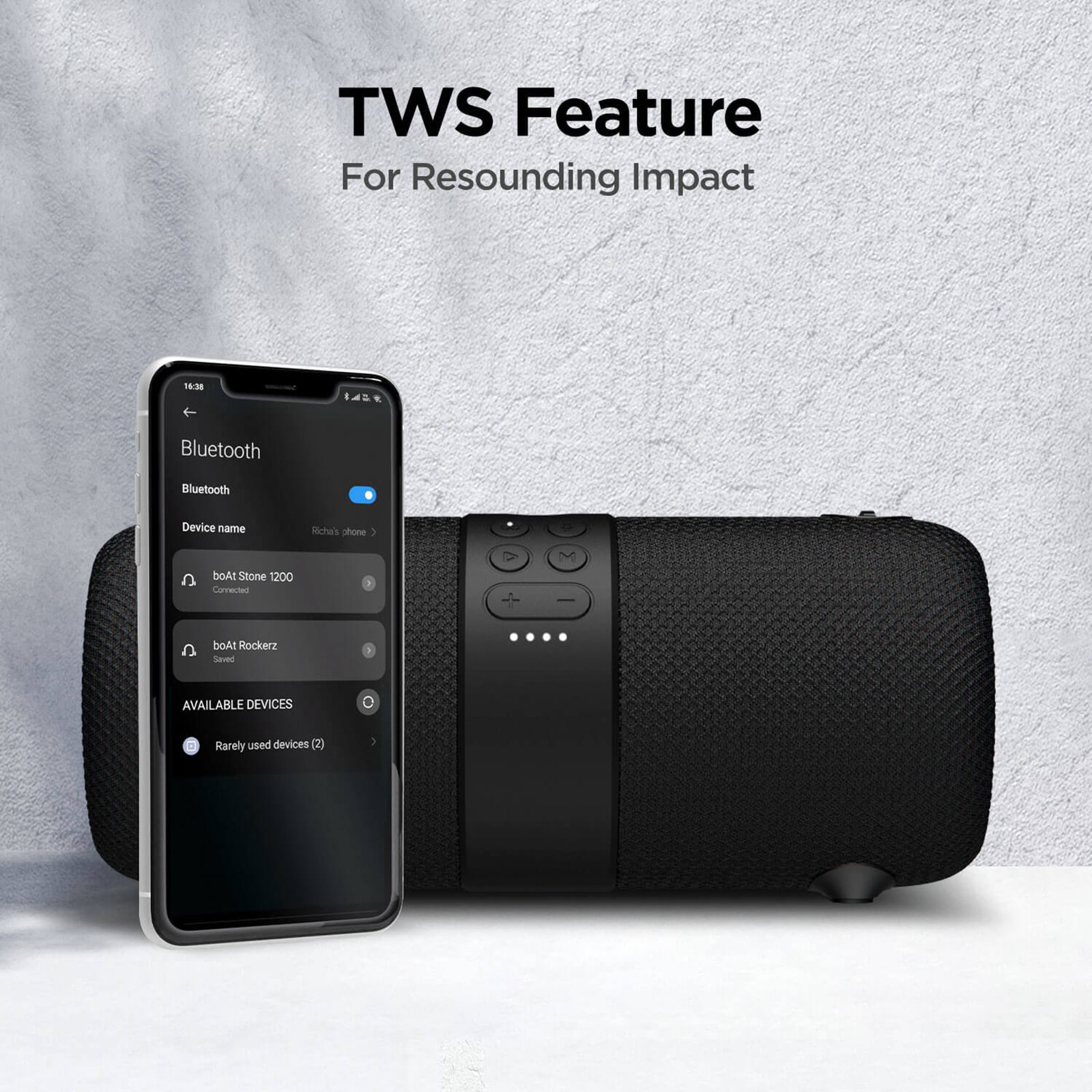 boAt Stone 1208 14W Portable Bluetooth Speaker (IPX7 Water Resistant, Siri & Google Voice Assistant, Stereo Channel, Black)_6