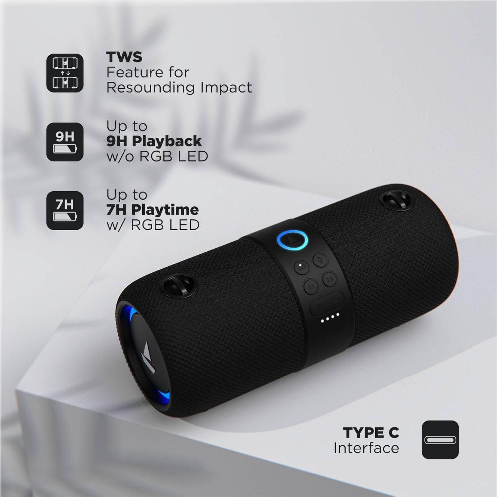 boAt Stone 1208 14W Portable Bluetooth Speaker (IPX7 Water Resistant, Siri & Google Voice Assistant, Stereo Channel, Black)_8