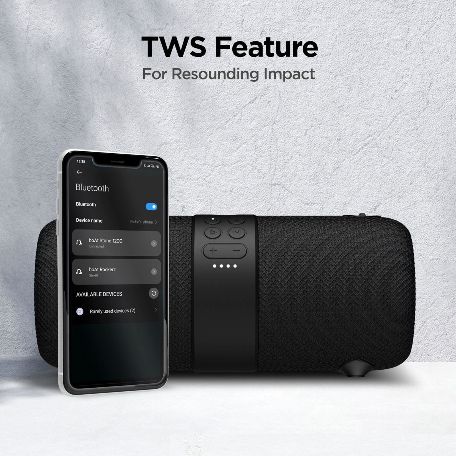 boAt Stone 1208 14W Portable Bluetooth Speaker (IPX7 Water Resistant, Siri & Google Voice Assistant, Stereo Channel, Black)_9