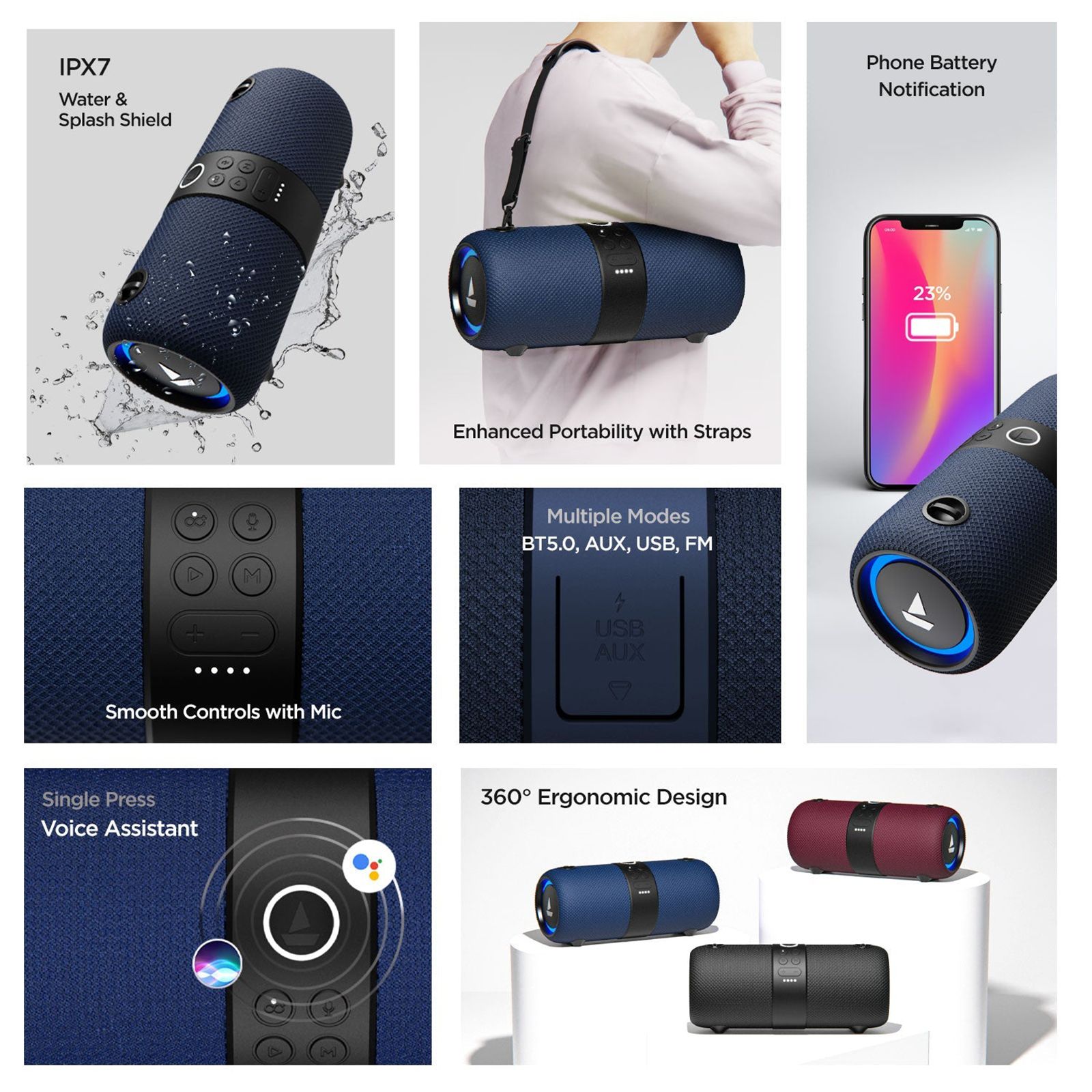 boAt Stone 1208 14W Portable Bluetooth Speaker (IPX7 Water Resistant, Siri & Google Voice Assistant, Stereo Channel, Blue)_10