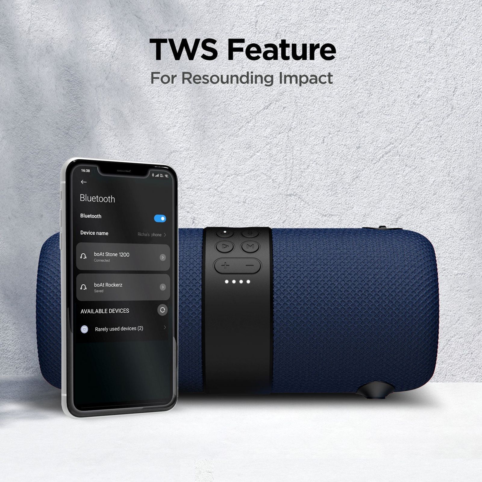 boAt Stone 1208 14W Portable Bluetooth Speaker (IPX7 Water Resistant, Siri & Google Voice Assistant, Stereo Channel, Blue)_8