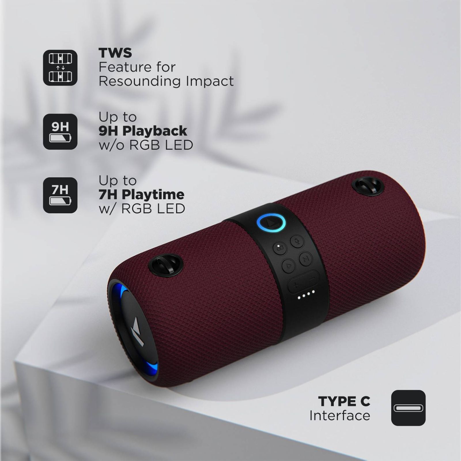 boAt Stone 1208 14W Portable Bluetooth Speaker (IPX7 Water Resistant, Siri & Google Voice Assistant, Stereo Channel, Maroon)_10