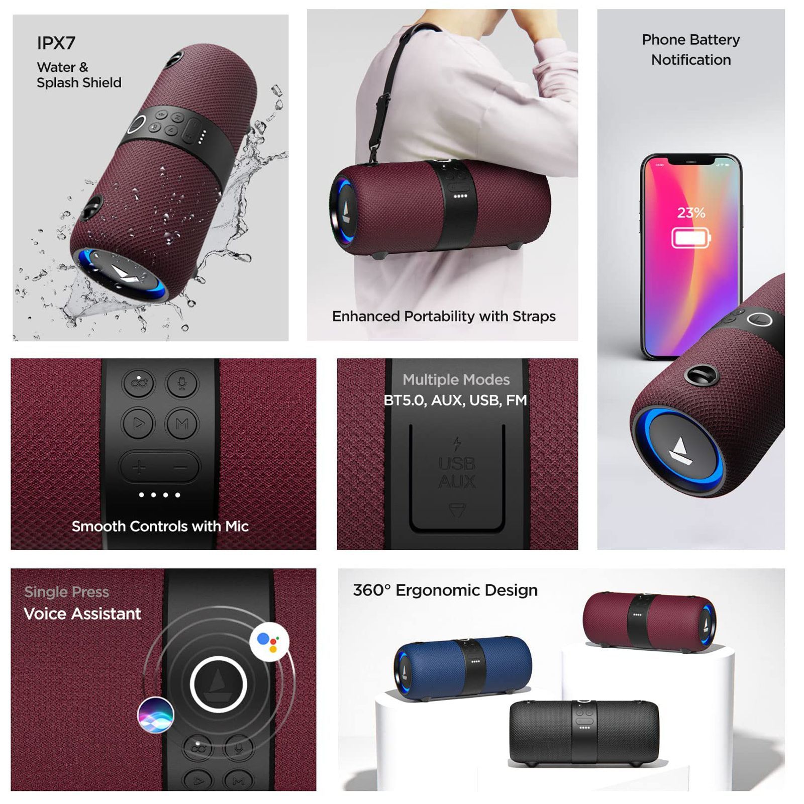 boAt Stone 1208 14W Portable Bluetooth Speaker (IPX7 Water Resistant, Siri & Google Voice Assistant, Stereo Channel, Maroon)_3