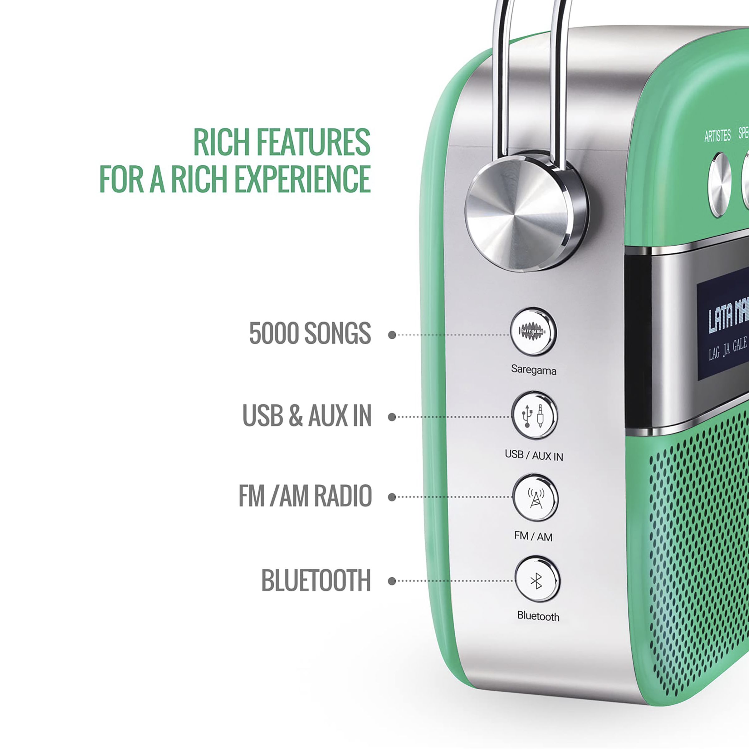 SAREGAMA Carvaan Premium Pop 6W Portable Speaker (Pre-loaded 5000 Evergreen Hindi Songs, 2.0Channel, SC230, Forest Green)_10