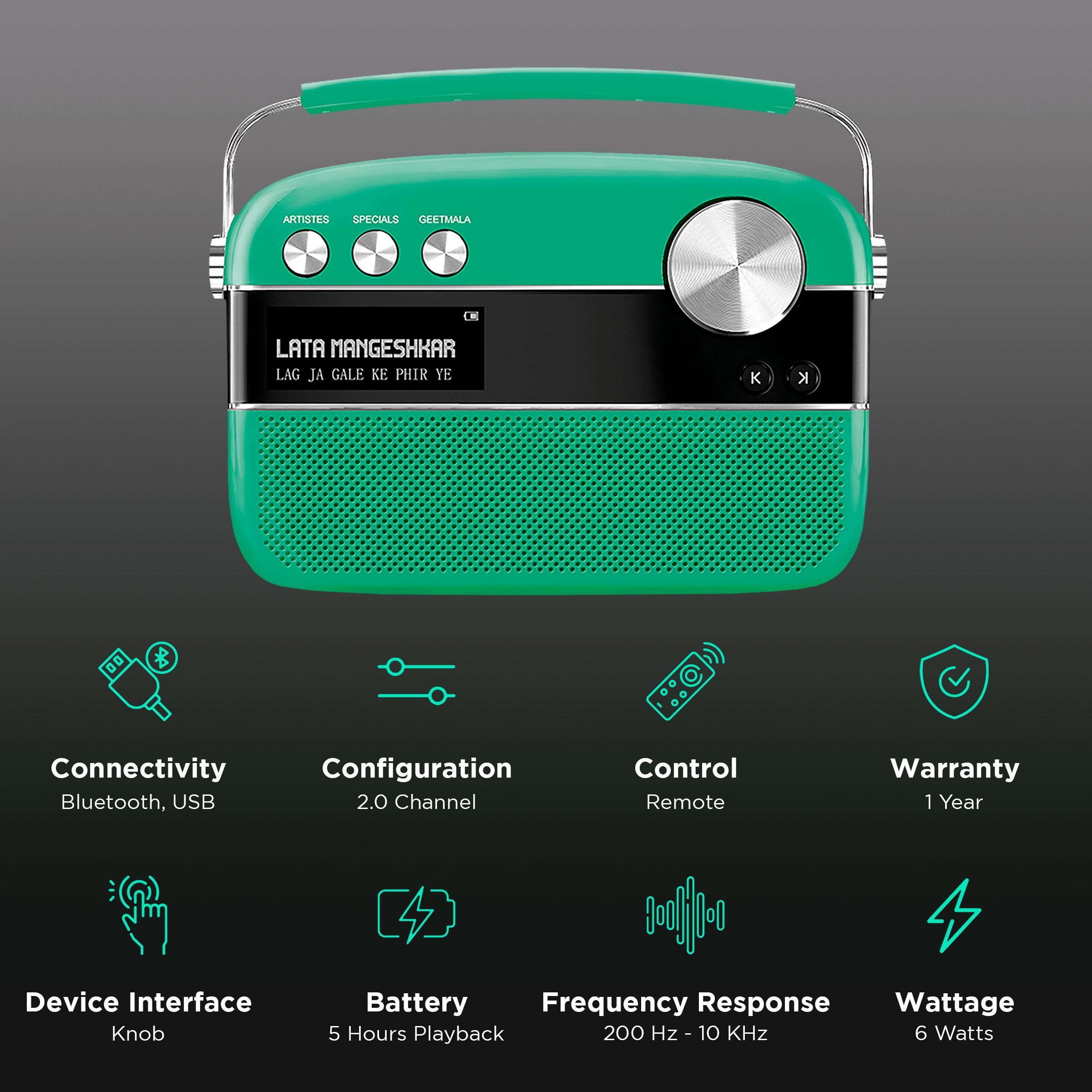 SAREGAMA Carvaan Premium Pop 6W Portable Speaker (Pre-loaded 5000 Evergreen Hindi Songs, 2.0Channel, SC230, Forest Green)_2
