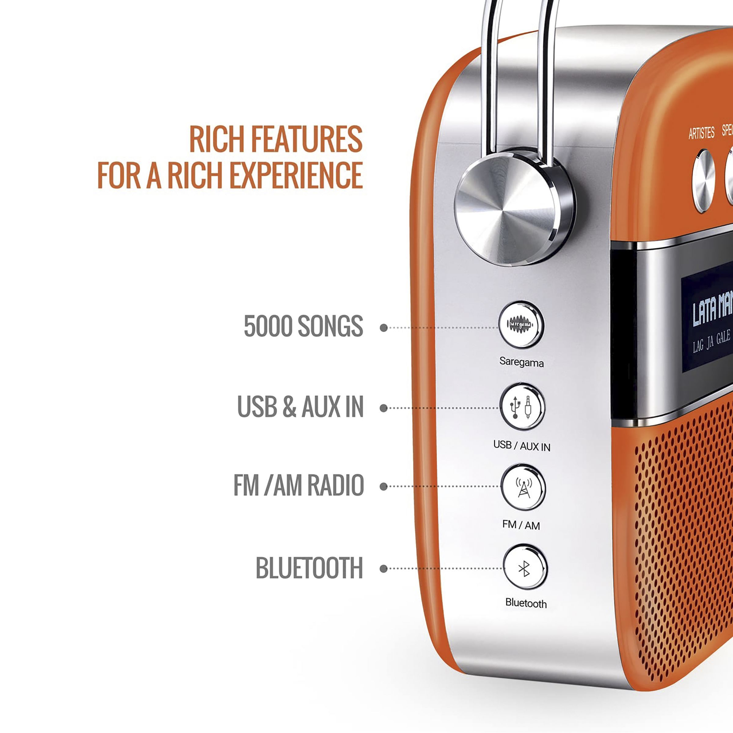 SAREGAMA Carvaan Premium Pop 6W Portable Speaker (Pre-loaded 5000 Evergreen Hindi Songs, 2.0Channel, SC230, Candy Orange) SAREGAMA Carvaan Premium Pop 6W Portable Speaker (Pre-loaded 5000 Evergreen Hindi Songs, 2.0Channel, SC230, Candy Orange)_10