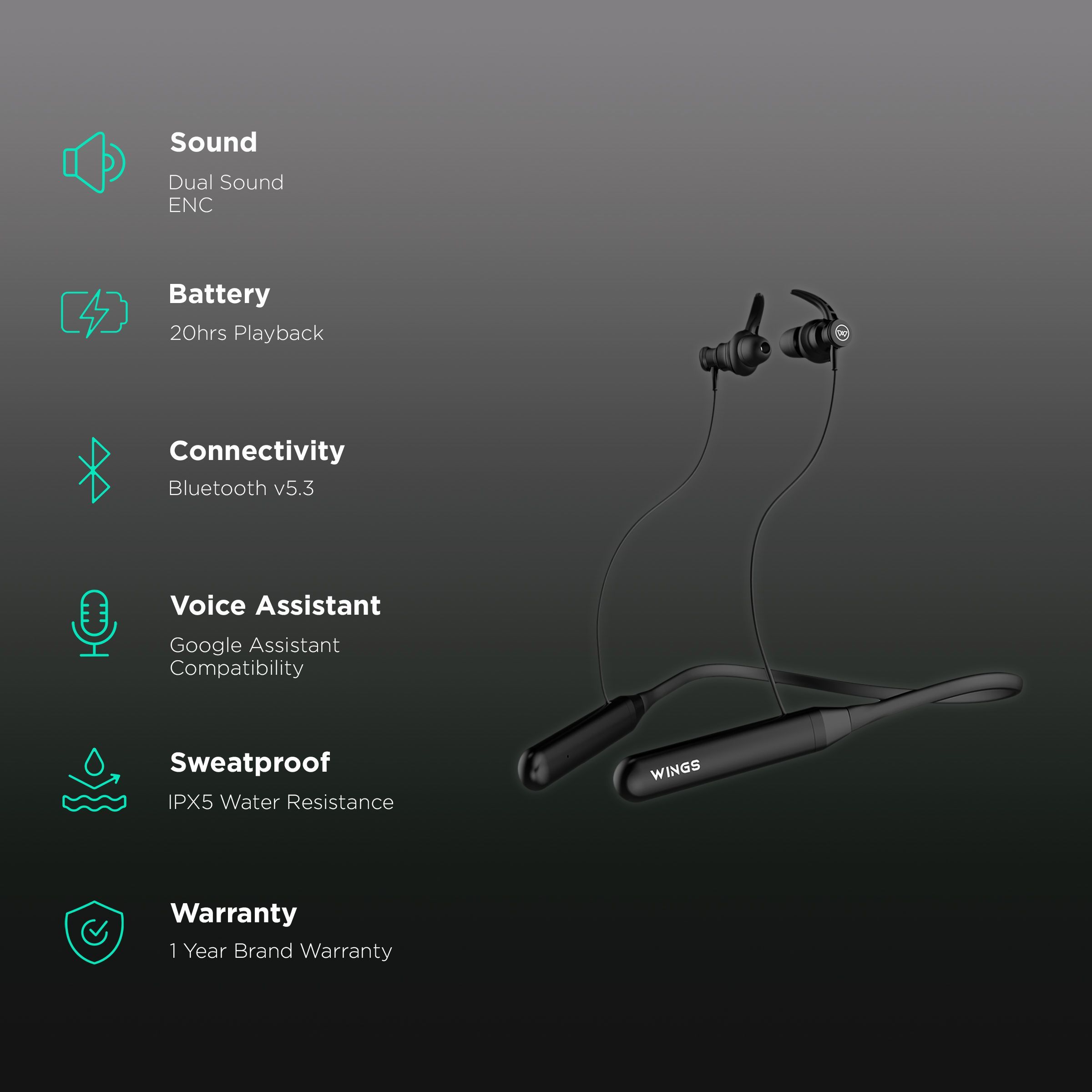 WINGS Phantom 110 Neckband with Environmental Noise Cancellation (IPX5 Water Resistant, 20 Hours of Playtime, Black)_2