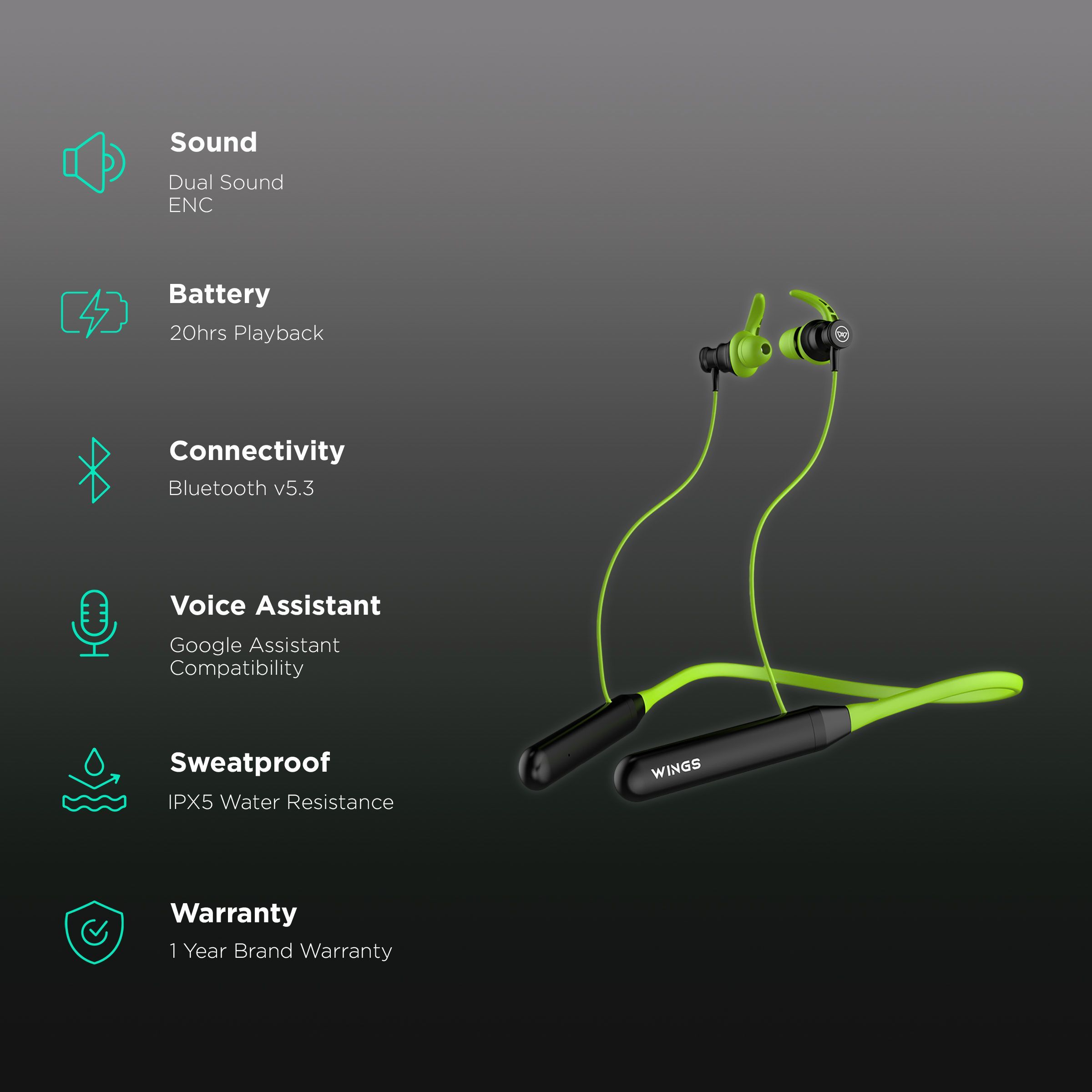 WINGS Phantom 110 Neckband with Environmental Noise Cancellation (IPX5 Water Resistant, 20 Hours of Playtime, Green) WINGS Phantom 110 Neckband with Environmental Noise Cancellation (IPX5 Water Resistant, 20 Hours of Playtime, Green)_2