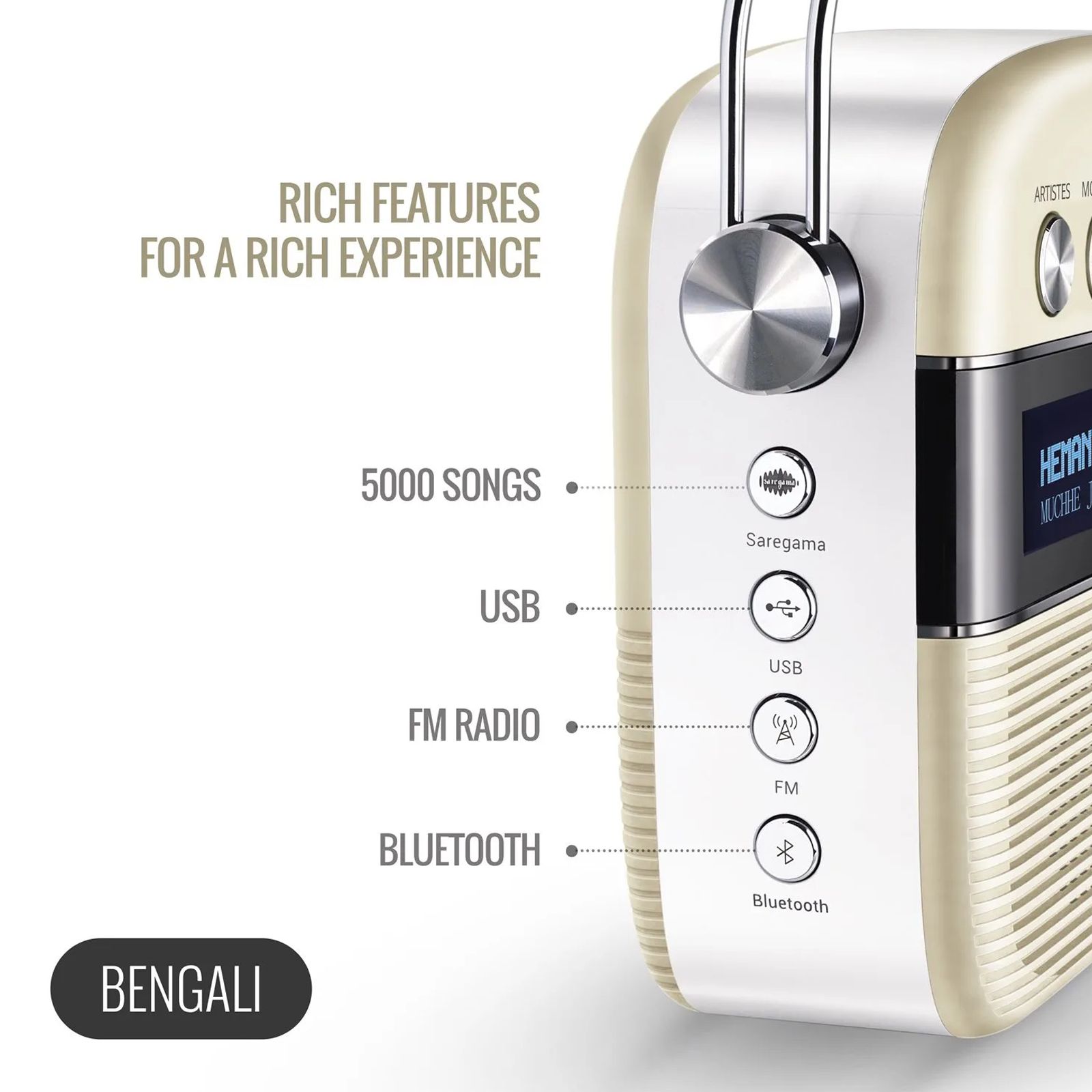 SAREGAMA Carvaan 6W Portable Bluetooth Speaker (5000 Pre Loaded Songs, Stereo Channel, Porcelain White)_7