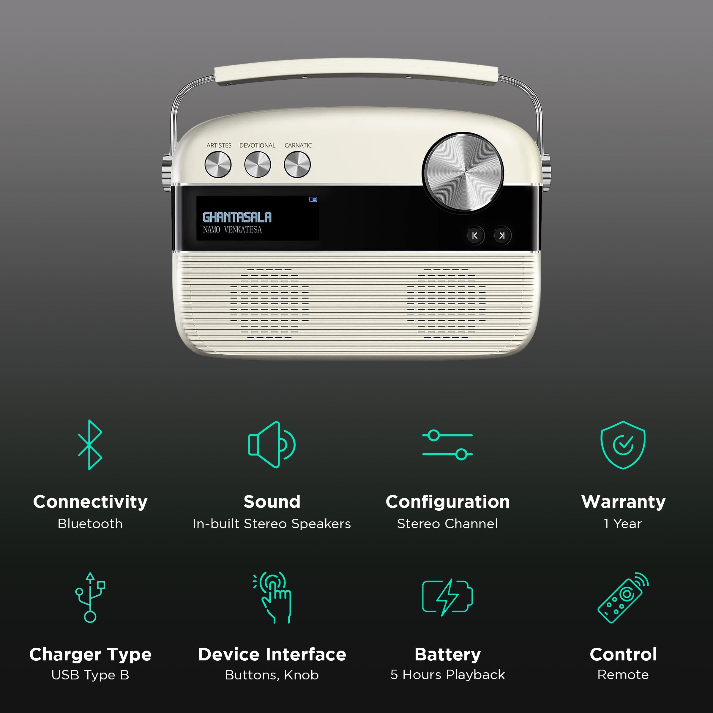 SAREGAMA Carvaan Telugu Music Player (50 Plus Dedicated Stations, SC02, Porcelain White)_2