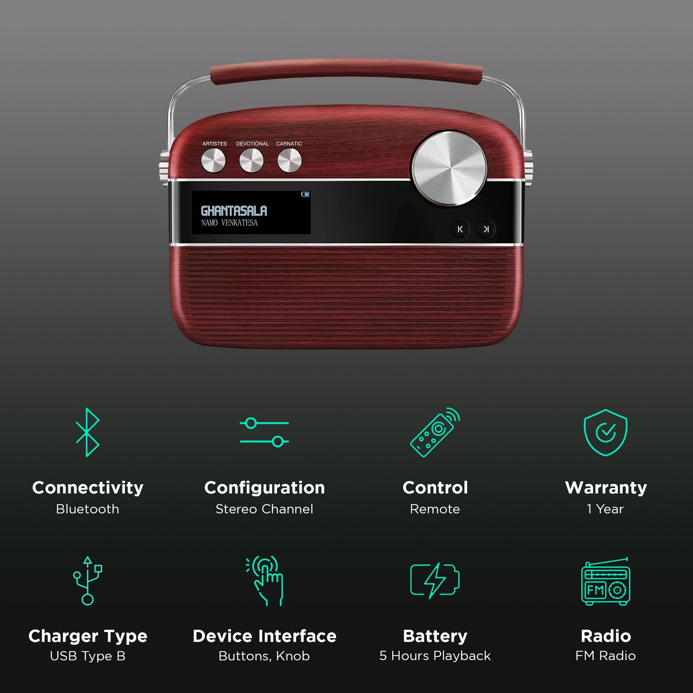 SAREGAMA Carvaan Telugu Music Player (50 Plus Dedicated Stations, SC03, Cherrywood Red)_2