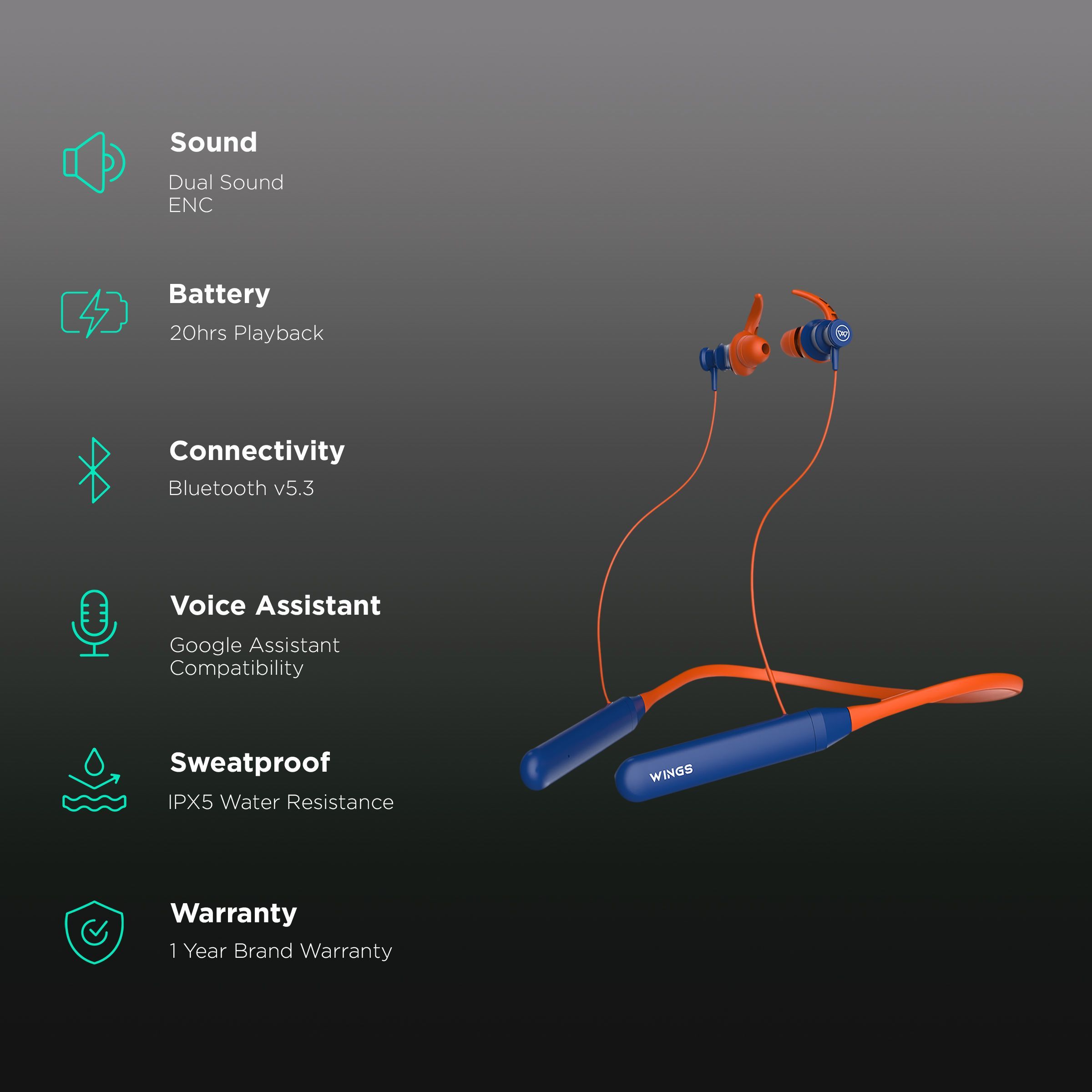 WINGS Phantom 110 Neckband with Environmental Noise Cancellation (IPX5 Water Resistant, 20 Hours of Playtime, Orange)_2