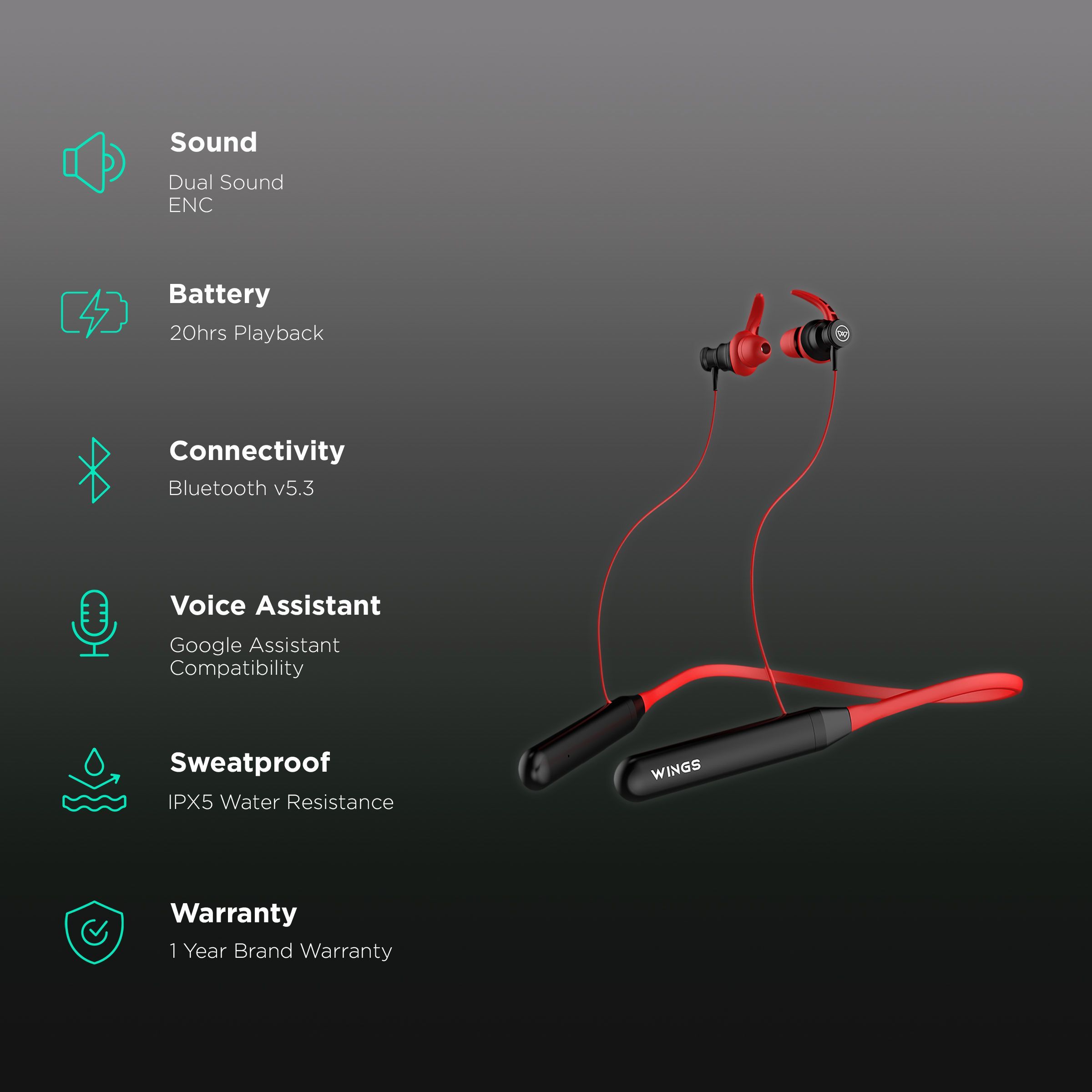 WINGS Phantom 110 Neckband with Environmental Noise Cancellation (IPX5 Water Resistant, 20 Hours of Playtime, Red)_2