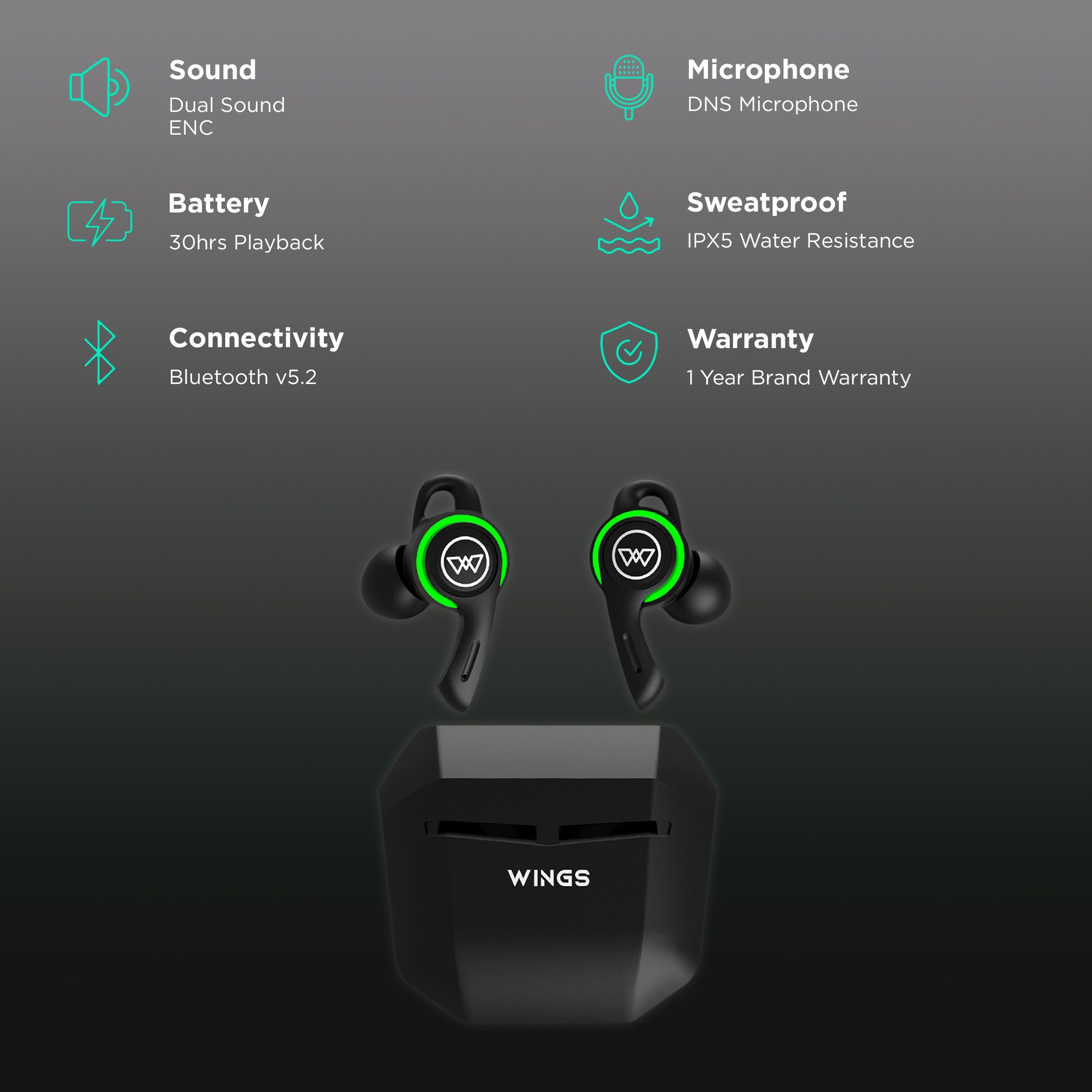 WINGS Phantom 200 TWS Earbuds with Environmental Noise Cancellation (IPX5 Water Resistant, 40ms Lower Latency, Black)_2