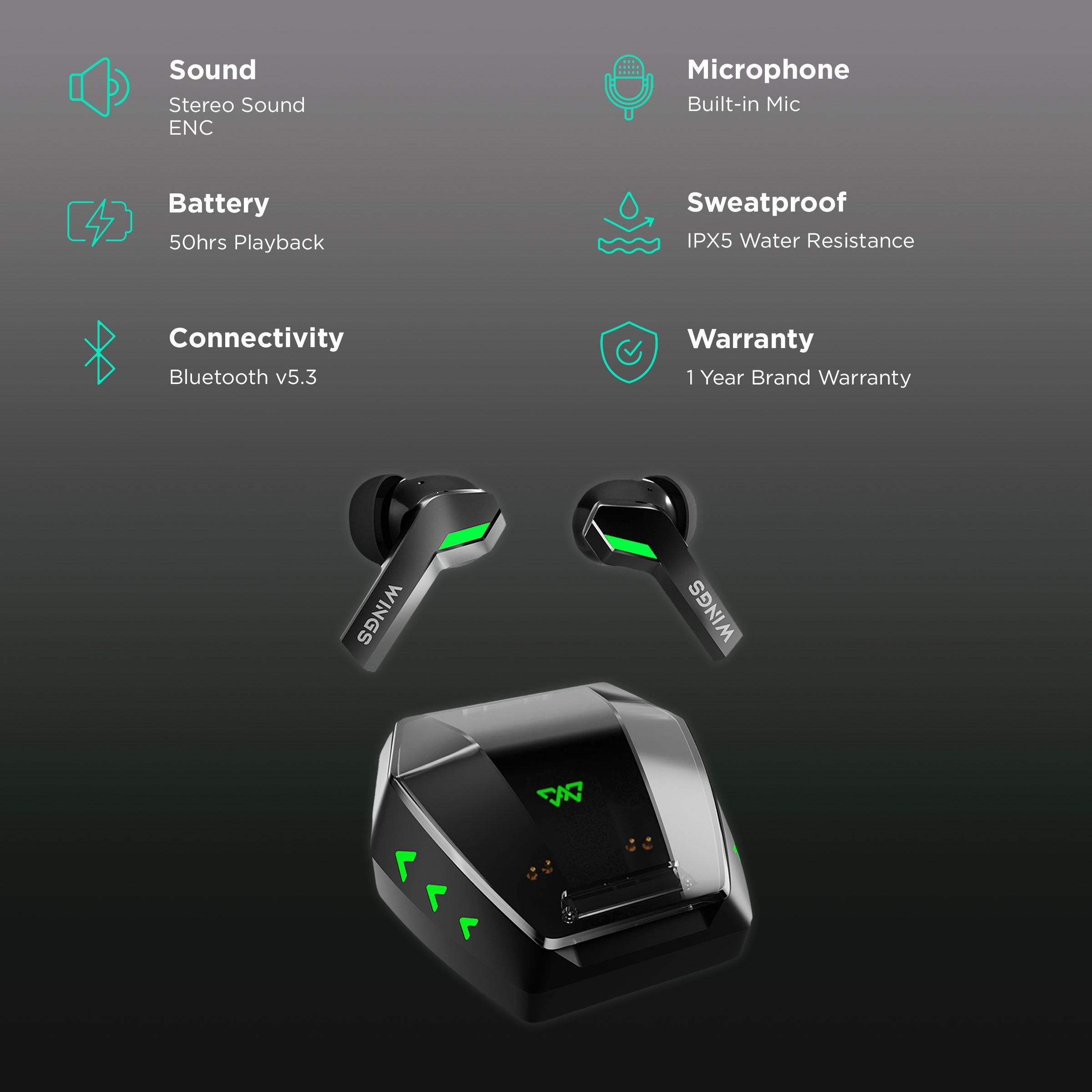 WINGS Phantom 860 TWS Earbuds with Environmental Noise Cancellation (IPX5 Water Resistant, Upto 50 Hours Playback, Black)_2