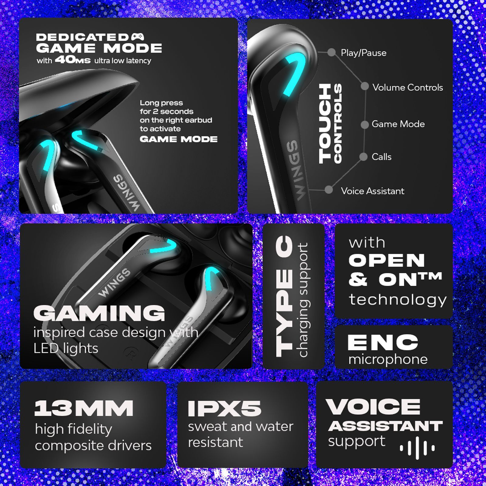 WINGS Phantom 760 TWS Earbuds with Environmental Noise Cancellation (IPX5 Water Resistant, 40ms Ultra Low Latency Game Mode, Grey)_8