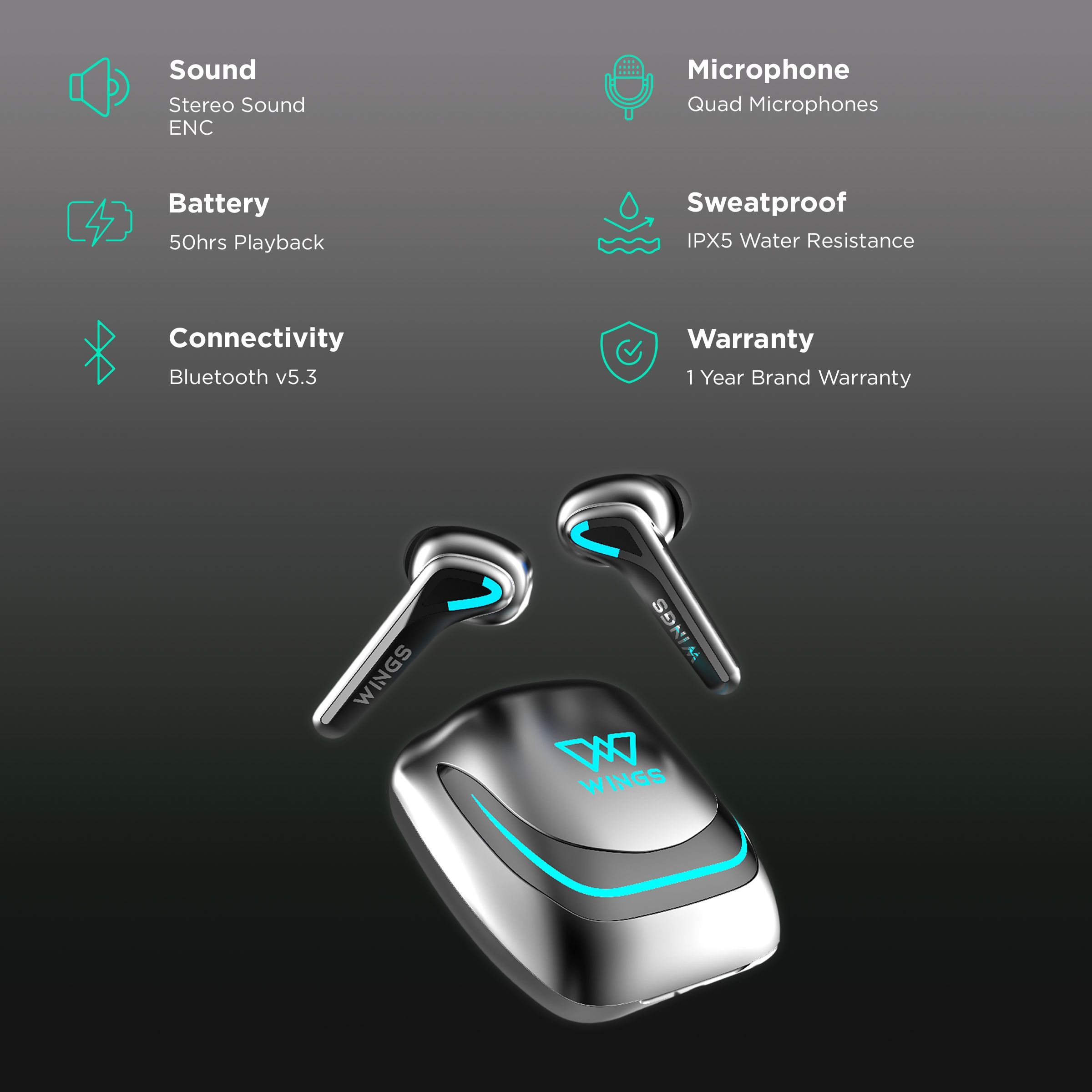 WINGS Phantom 760 TWS Earbuds with Environmental Noise Cancellation (IPX5 Water Resistant, 40ms Ultra Low Latency Game Mode, Grey)_2