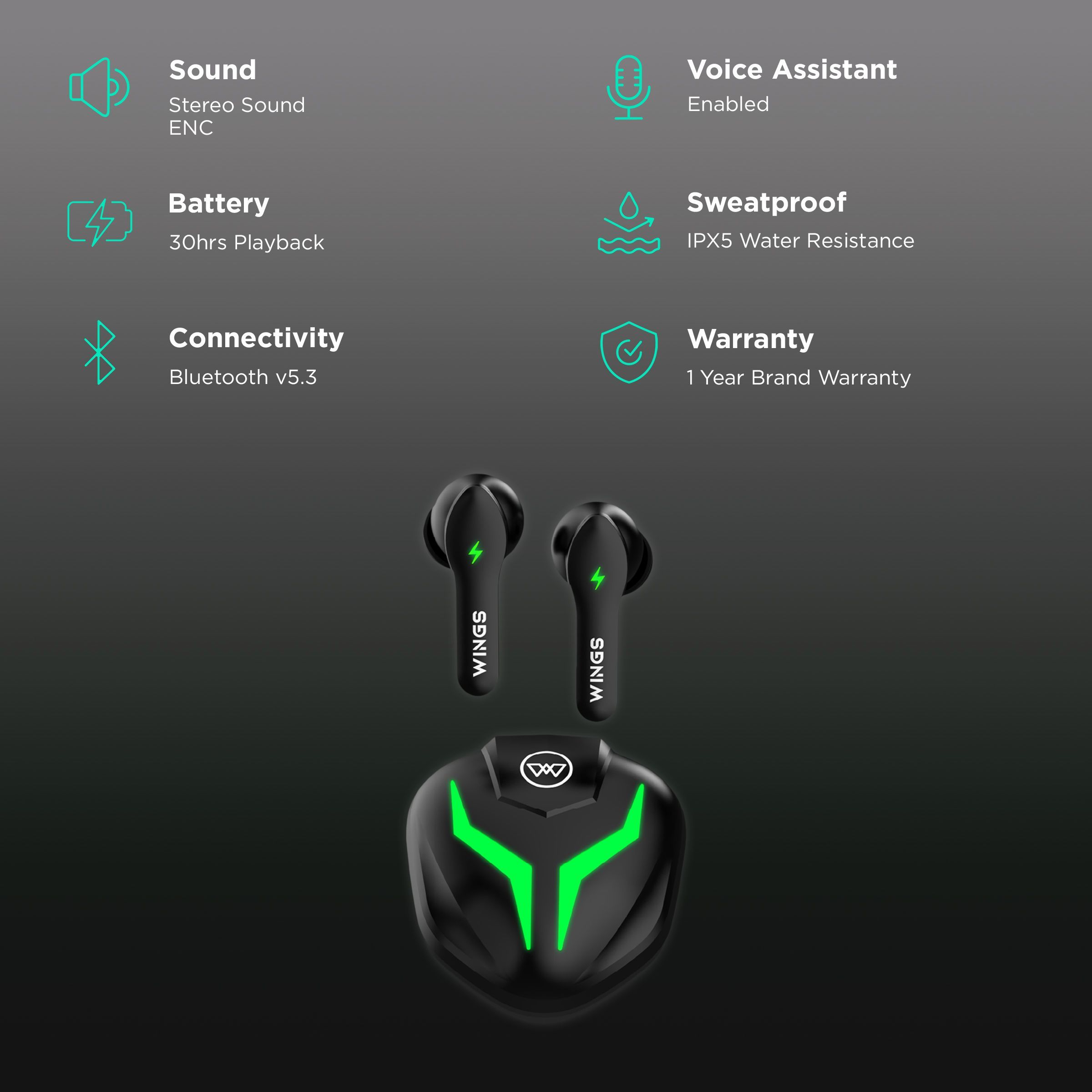 WINGS Phantom 260 TWS Earbuds with Environmental Noise Cancellation (IPX5 Water Resistant, Upto 30 Hours Playback, Black)_2