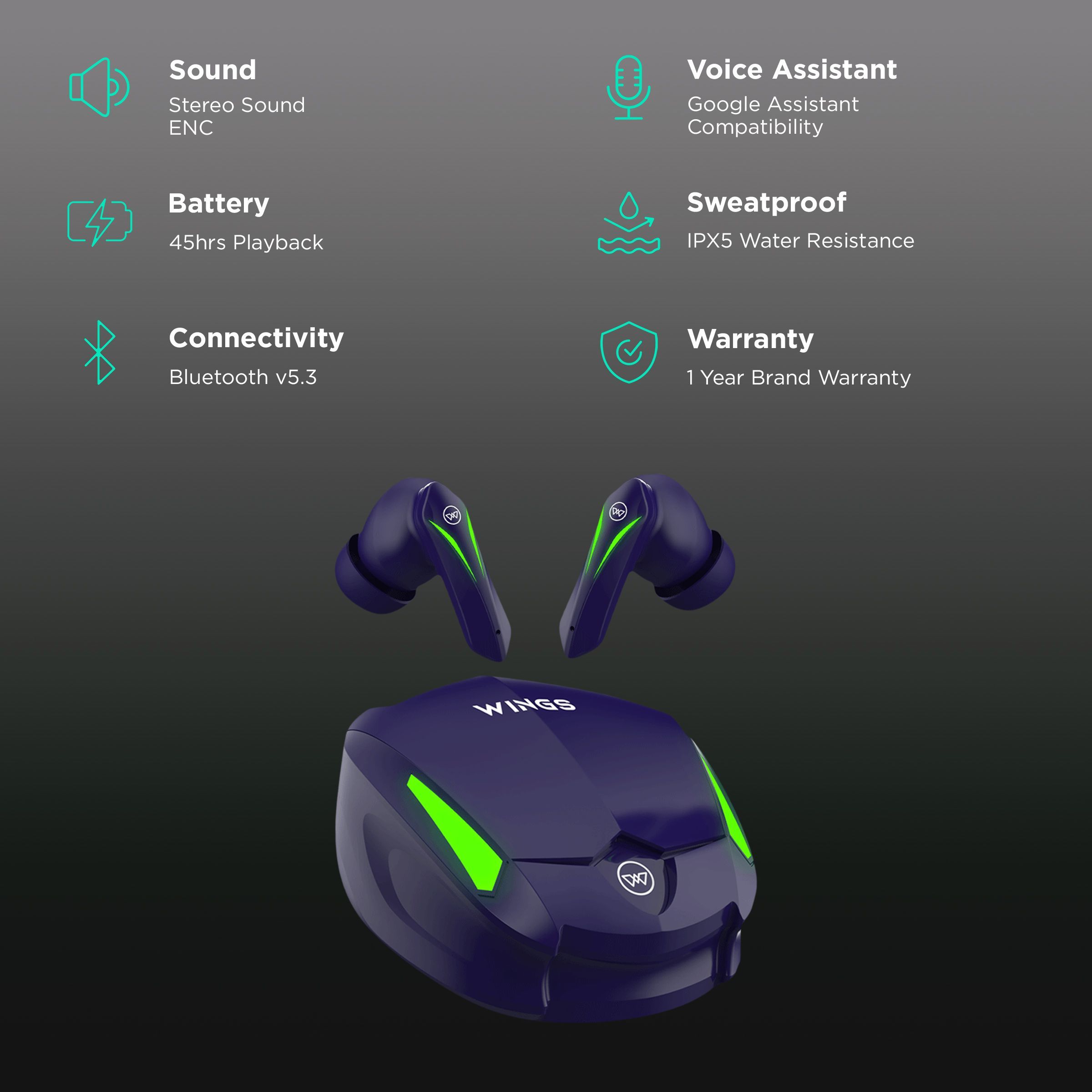 WINGS Phantom 550 TWS Earbuds with Environmental Noise Cancellation (IPX5 Water Resistant, 50ms Ultra Low latency Game Mode, Blue)_2