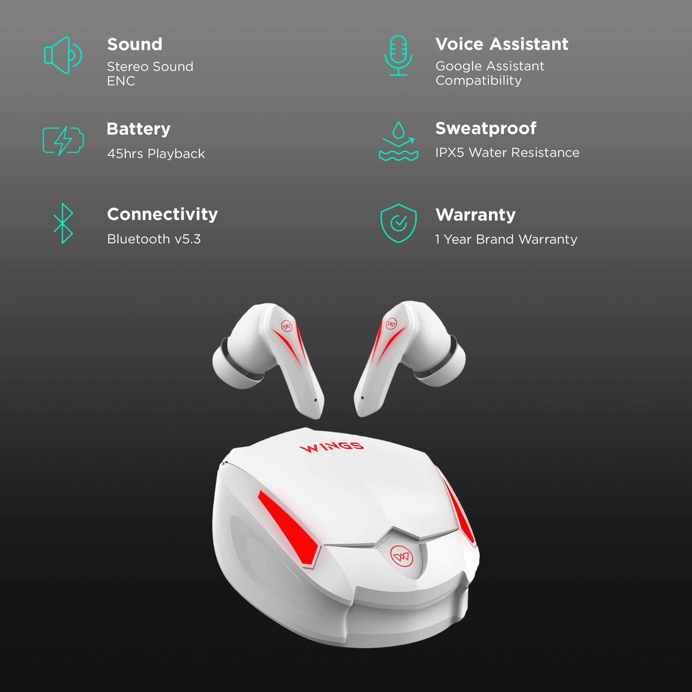 WINGS Phantom 550 TWS Earbuds with Environmental Noise Cancellation (IPX5 Water Resistant, Upto 45 Hours Playback, White)_2