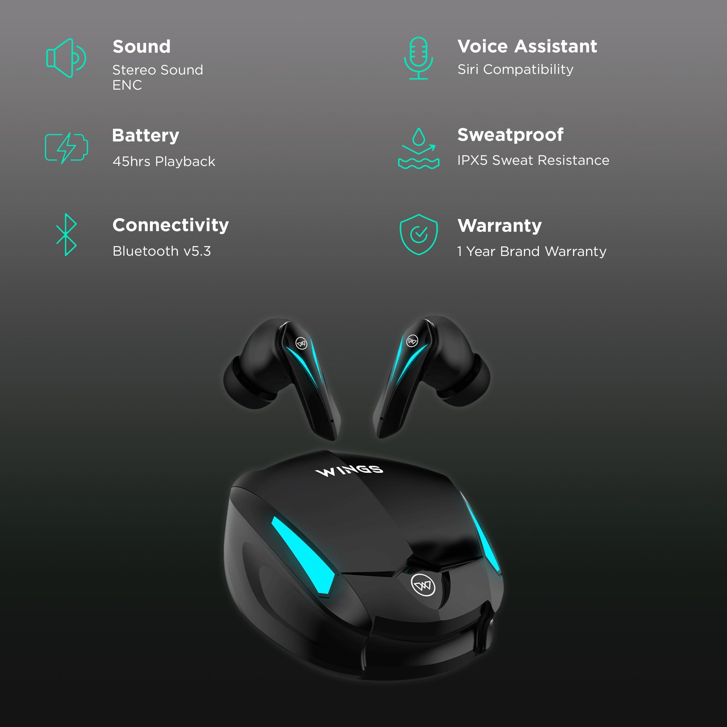 WINGS Phantom 550 TWS Earbuds with Environmental Noise Cancellation (IPX5 Water Resistant, 50ms Ultra Low Latency Game Mode, Black)_2