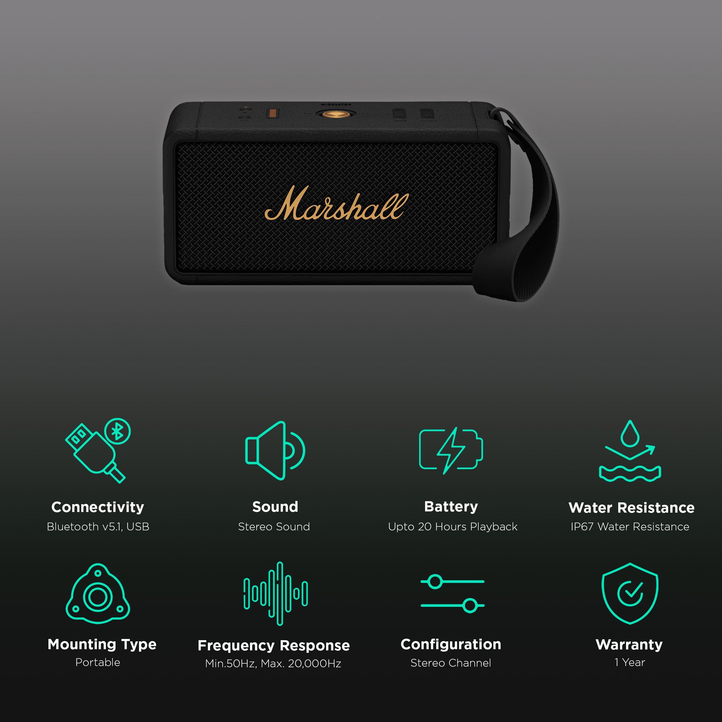 Marshall Middleton Portable Bluetooth Speaker (IP67 Water Resistant, 20 Plus Hours Playtime, Stereo Channel, Black and Brass)_2