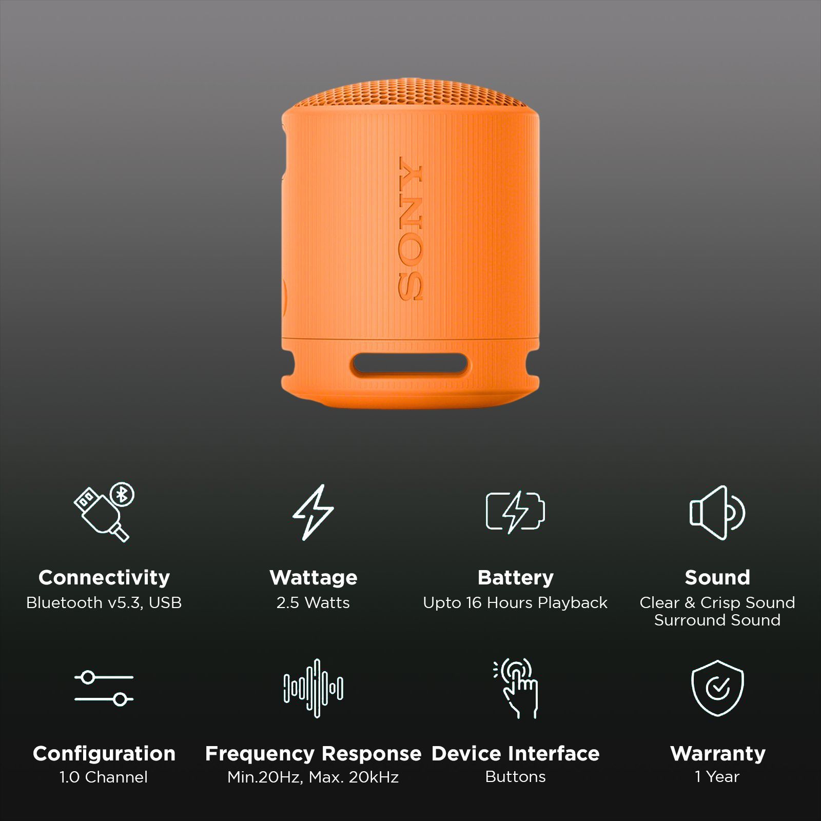 SONY SRS-XB100 2.5W Portable Bluetooth Speaker (IP67 Water Resistance, Echo Cancelling Technology, Stereo Channel, Orange)_2
